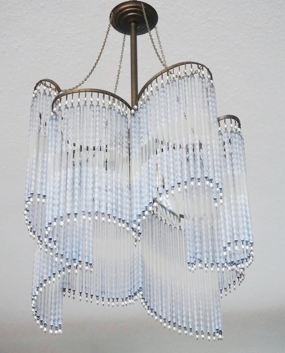 French Art Deco Etched Glass Rod Three-Light Chandelier, 1930s 2