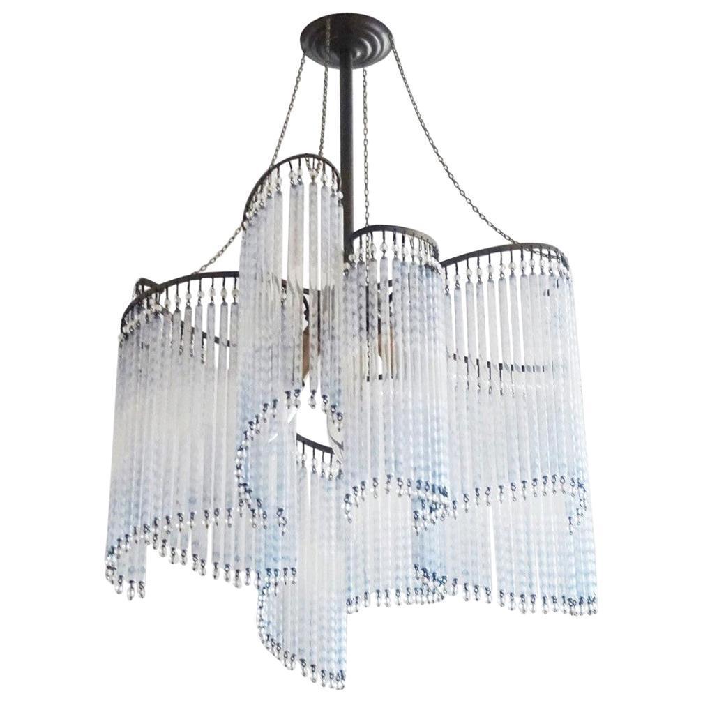 French Art Deco Etched Glass Rod Three-Light Chandelier, 1930s
