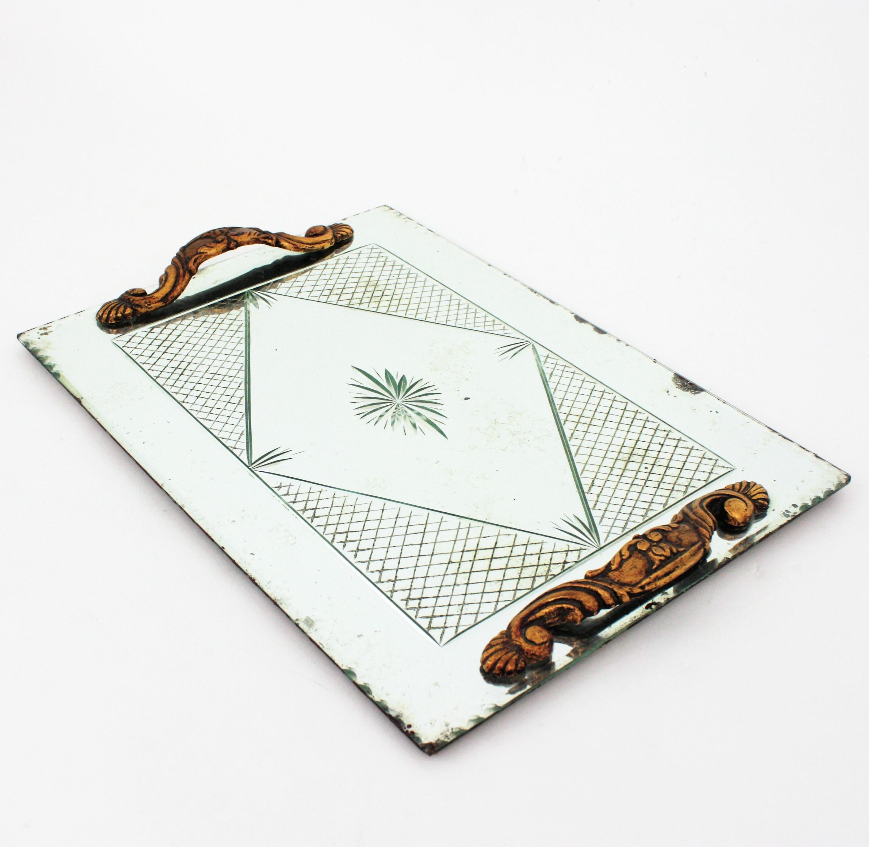 French Art Deco Etched Mirror Tray with Compass Rose and Grid Design 2