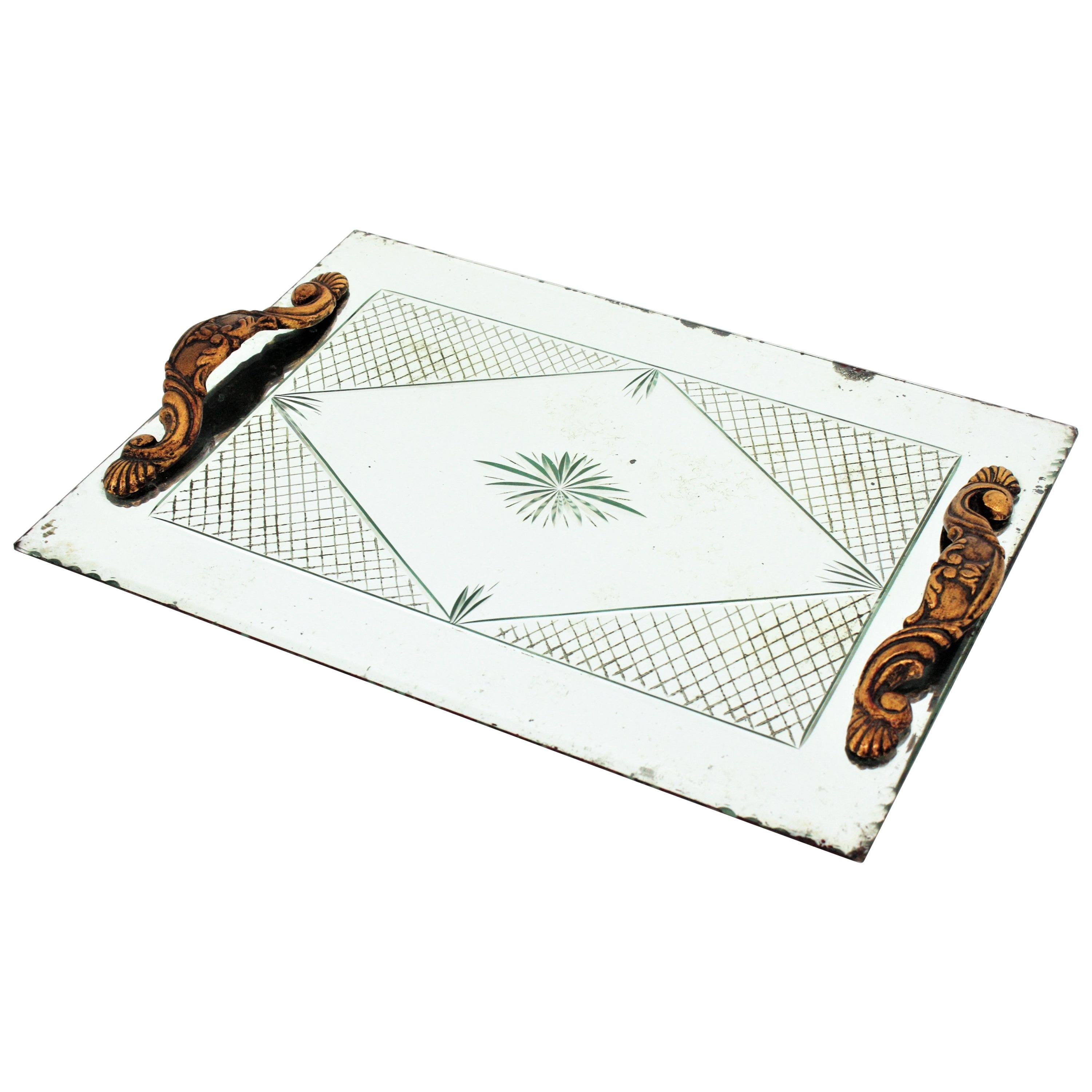 French Art Deco Etched Mirror Tray with Compass Rose and Grid Design