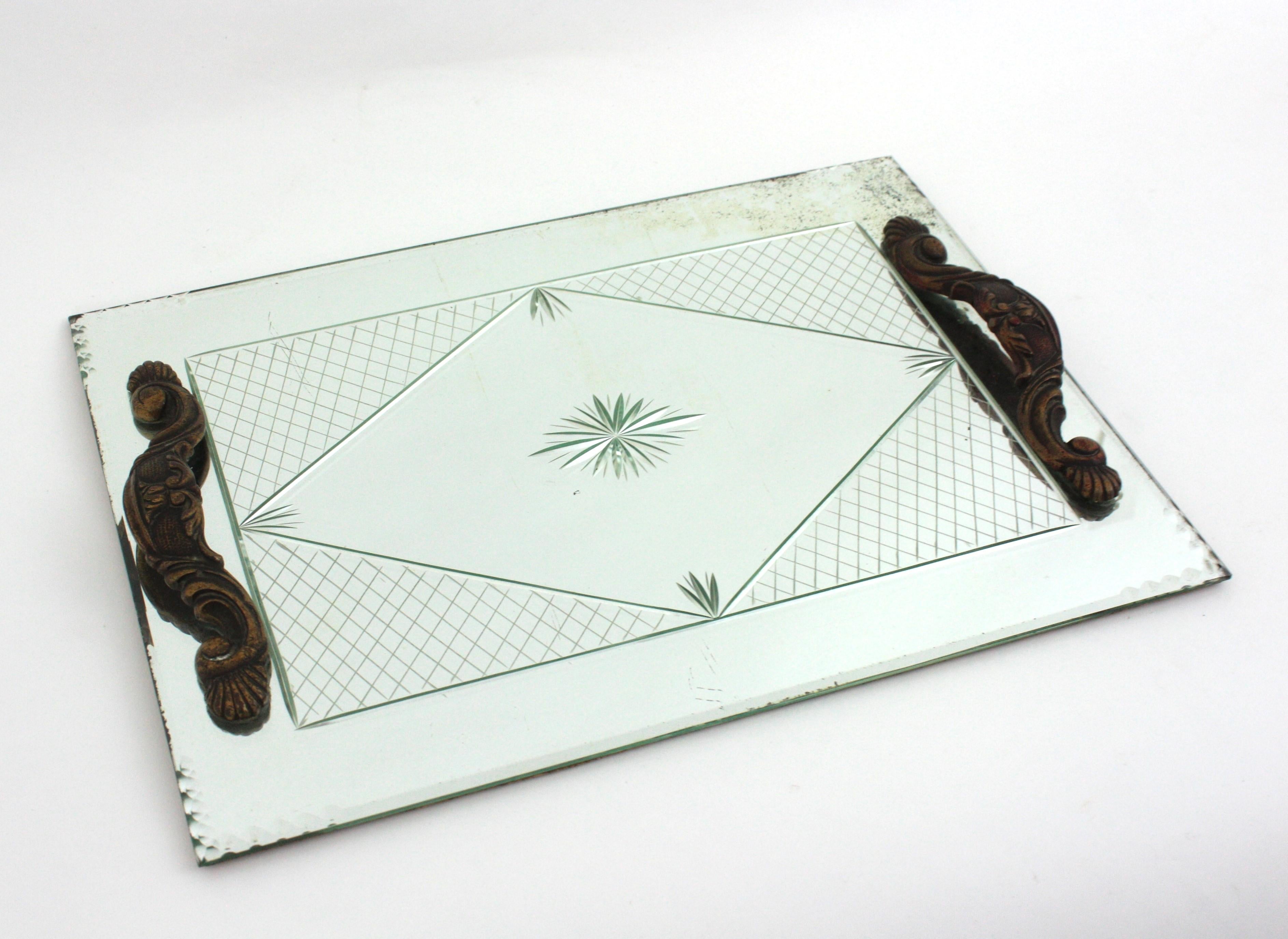 French Art Deco Etched Mirror Tray with Compass Rose & Grid Design 5