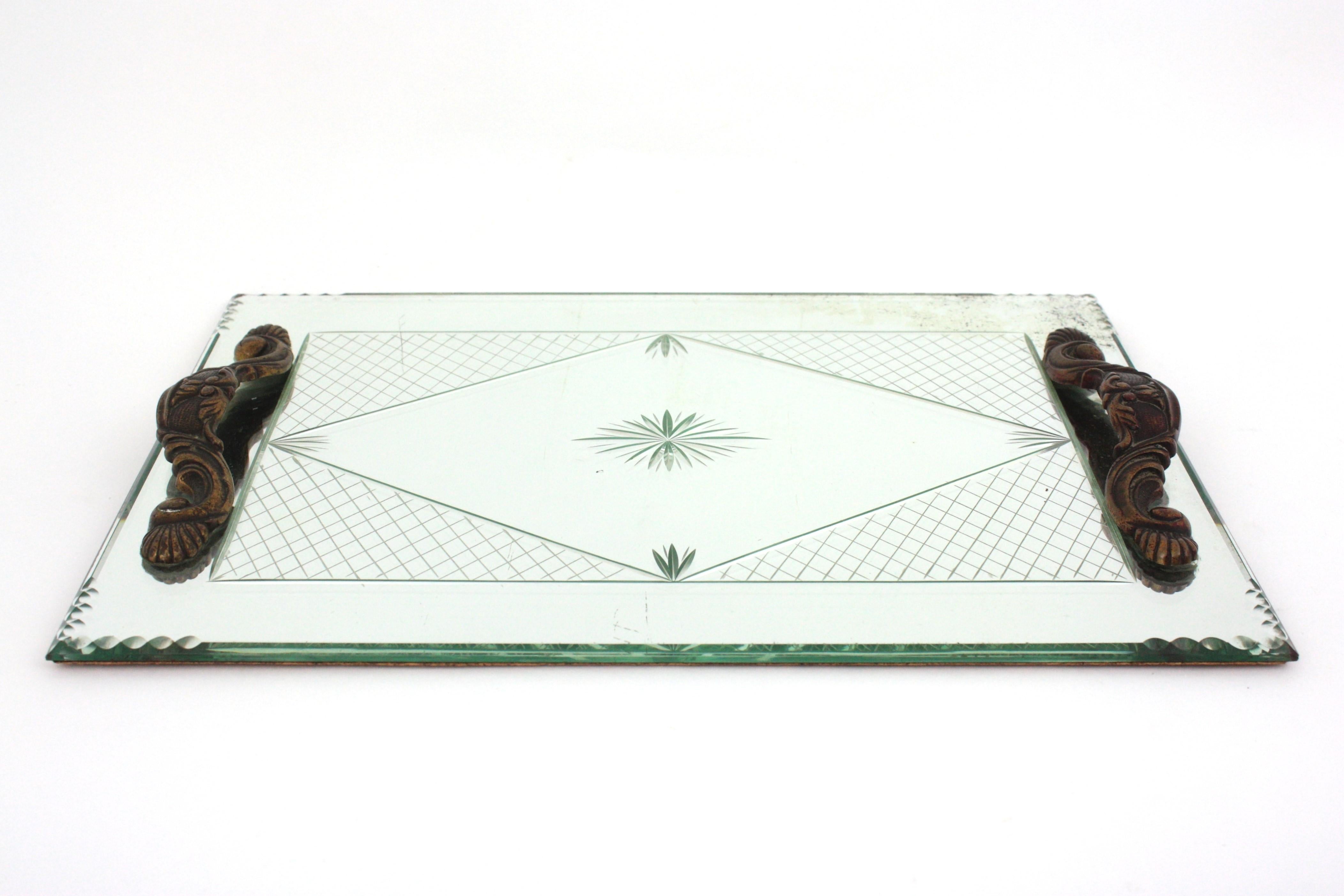 French Art Deco Etched Mirror Tray with Compass Rose & Grid Design 6