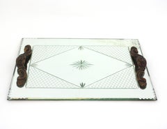 French Art Deco Etched Mirror Tray with Compass Rose & Grid Design