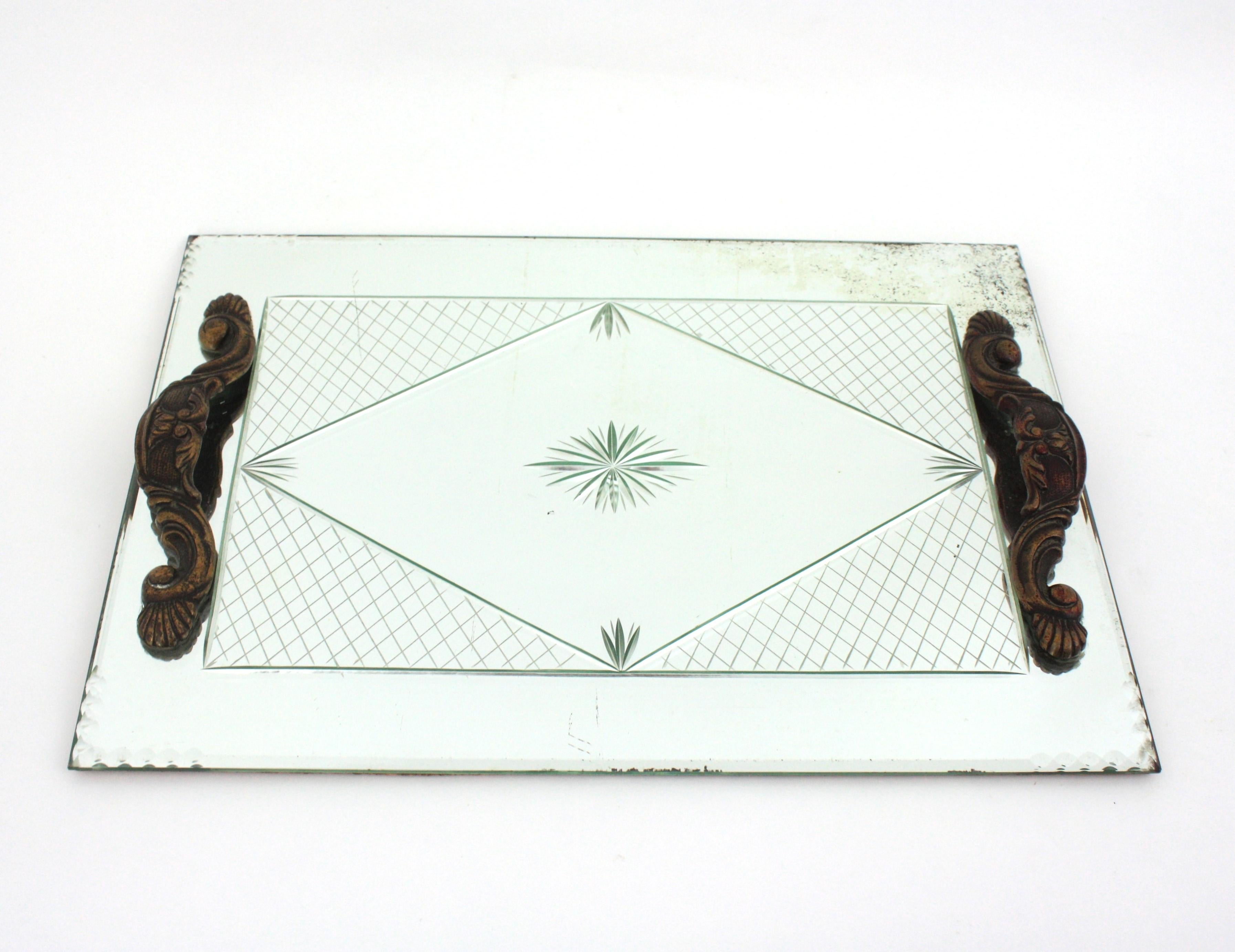 Beveled French Art Deco Etched Mirror Tray with Compass Rose & Grid Design
