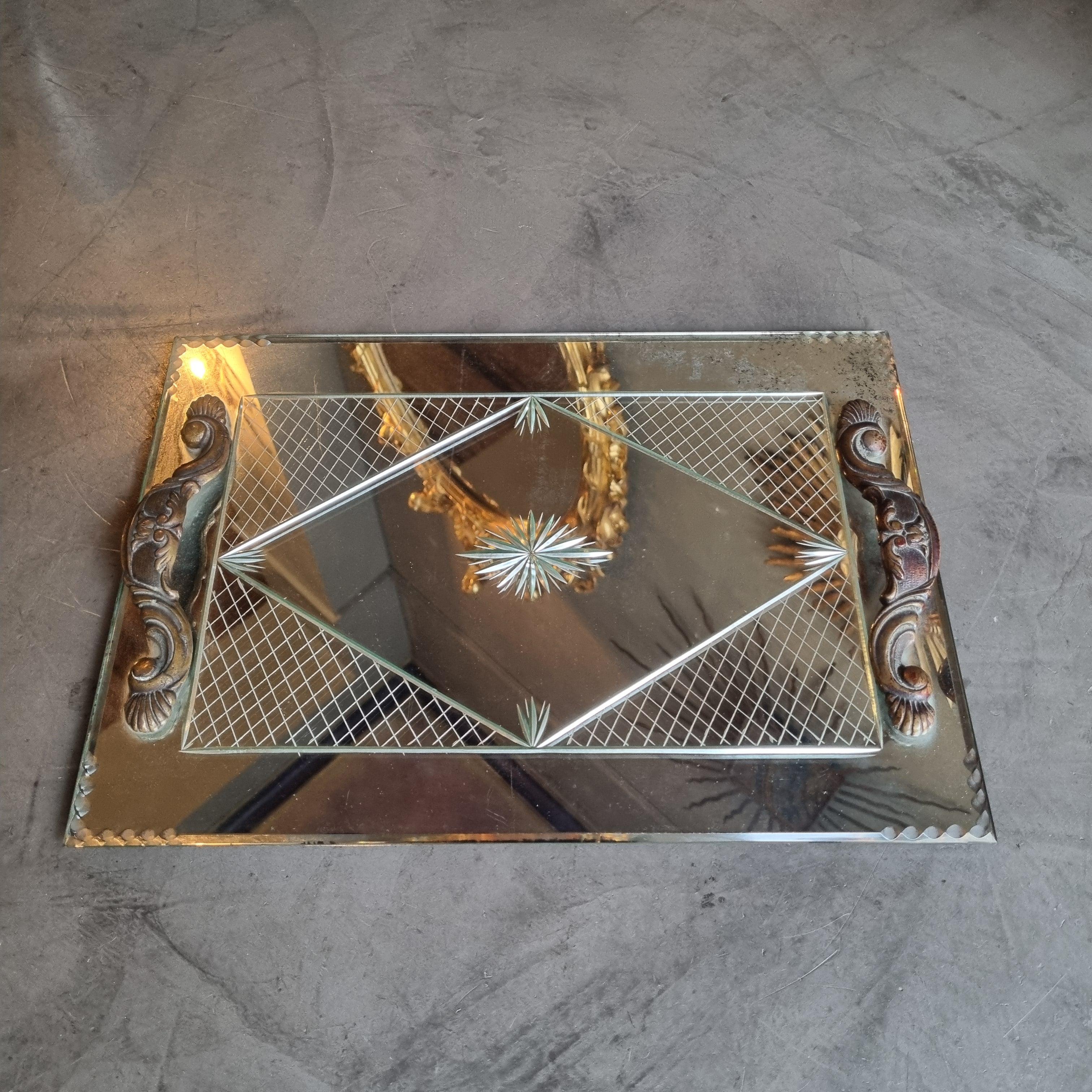 20th Century French Art Deco Etched Mirror Tray with Compass Rose & Grid Design