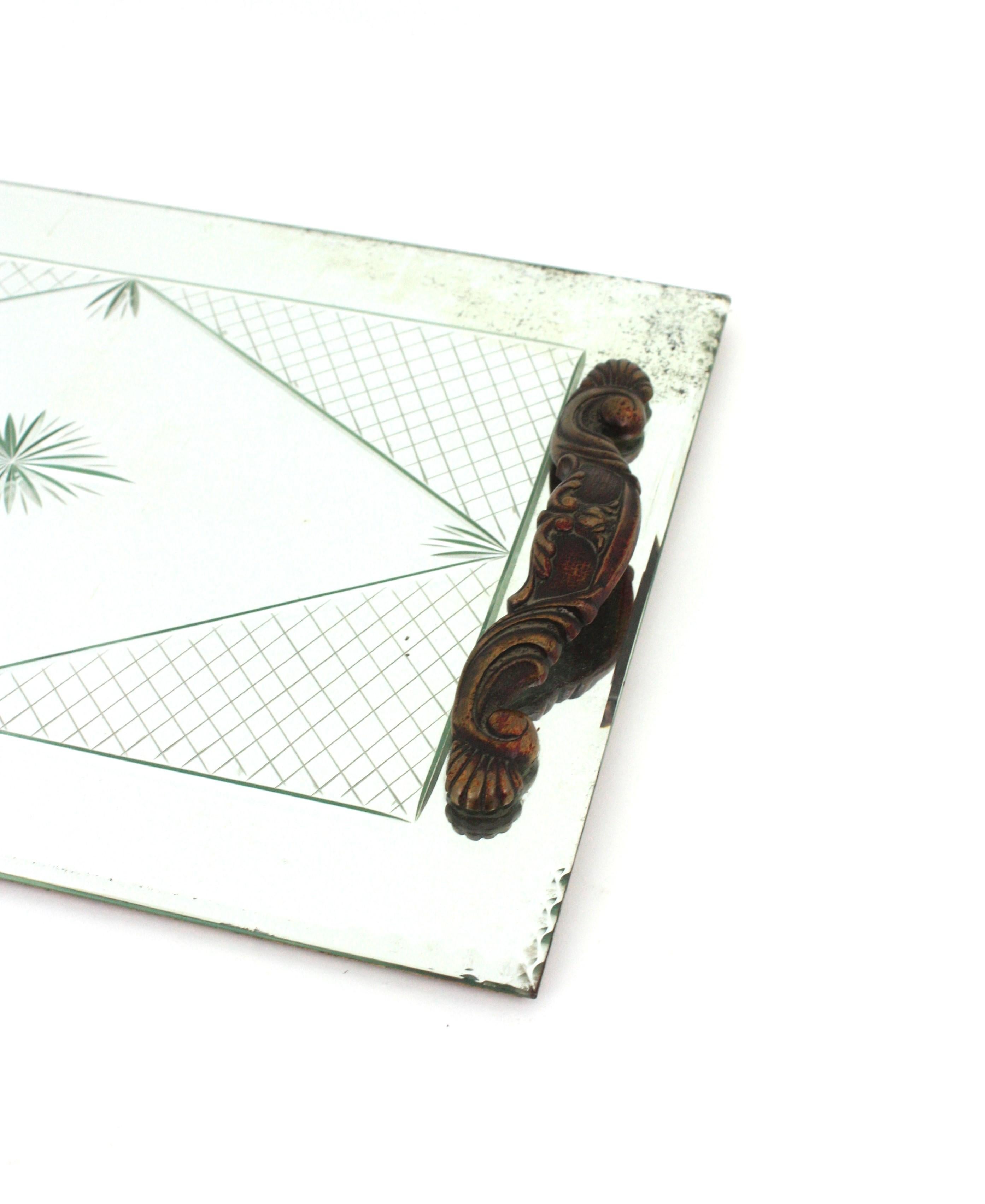 French Art Deco Etched Mirror Tray with Compass Rose & Grid Design 1