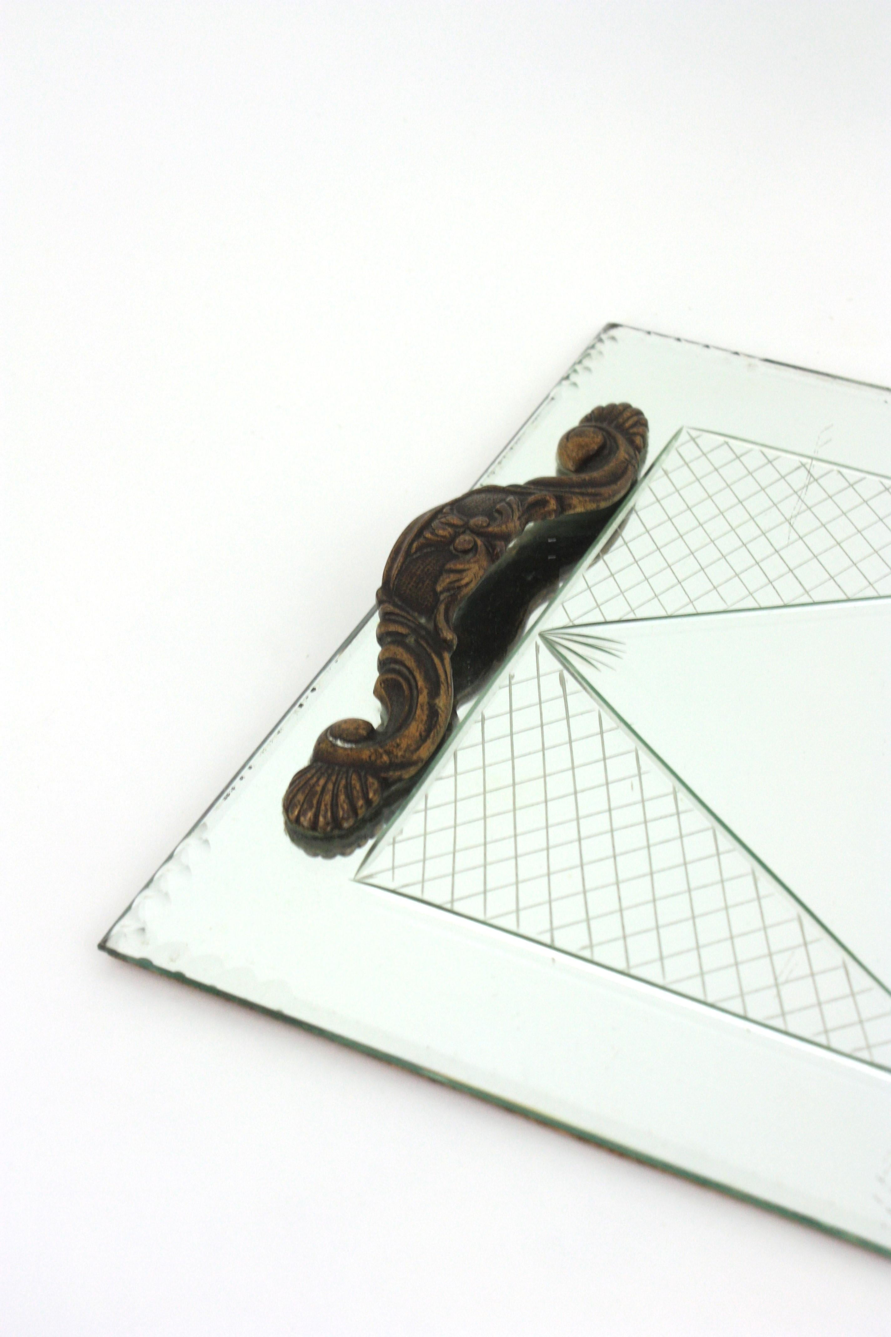 French Art Deco Etched Mirror Tray with Compass Rose & Grid Design 3
