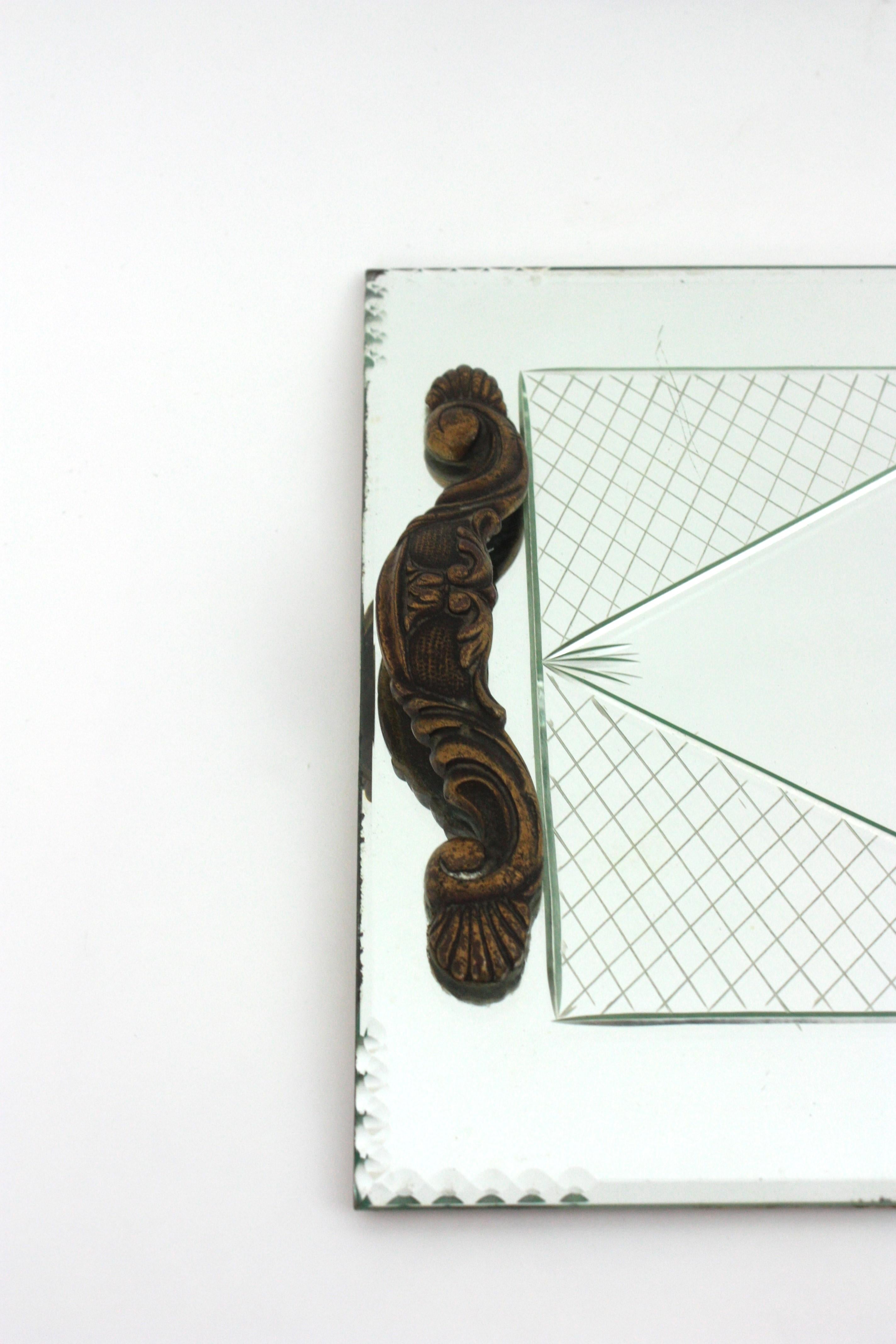 French Art Deco Etched Mirror Tray with Compass Rose & Grid Design 4