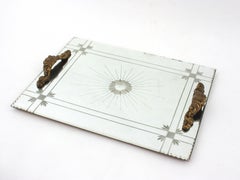 French Art Deco Etched Mirror Tray with Flower Motif & Bronze Handles