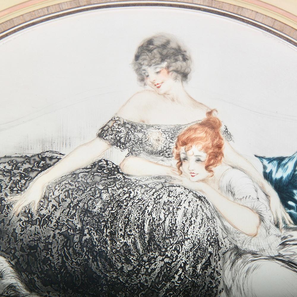 An original French signed Louis Icart engraving / aquatint of three ladies and a cat in its original oval frame.

Louis Icart began as an illustrator in Paris in the 1900s, producing work for a variety of publications such as La Critique Theatrale