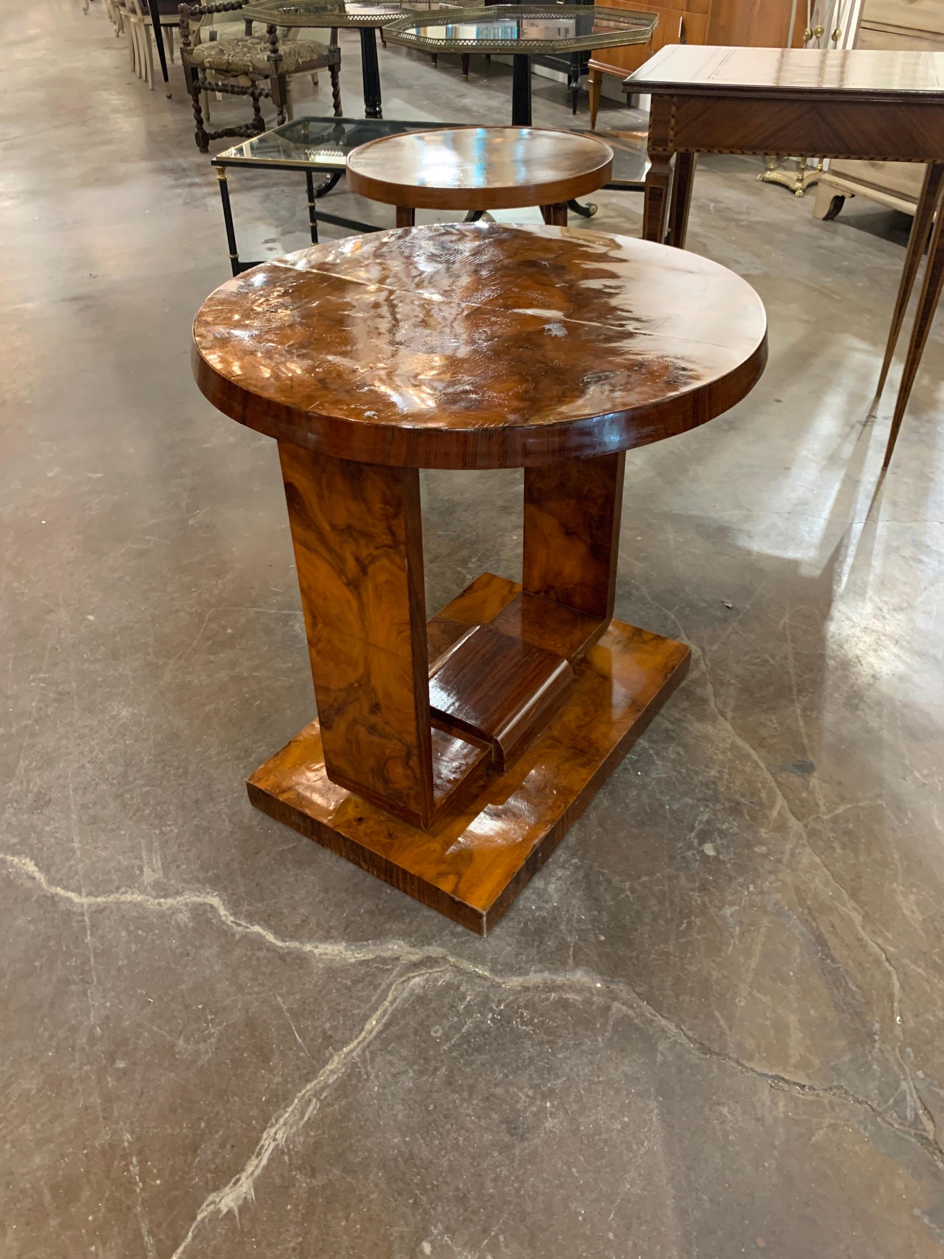 Fabulous French Art Deco exotic veneer side table. A beautiful decorative piece with an exceptional polished finish!