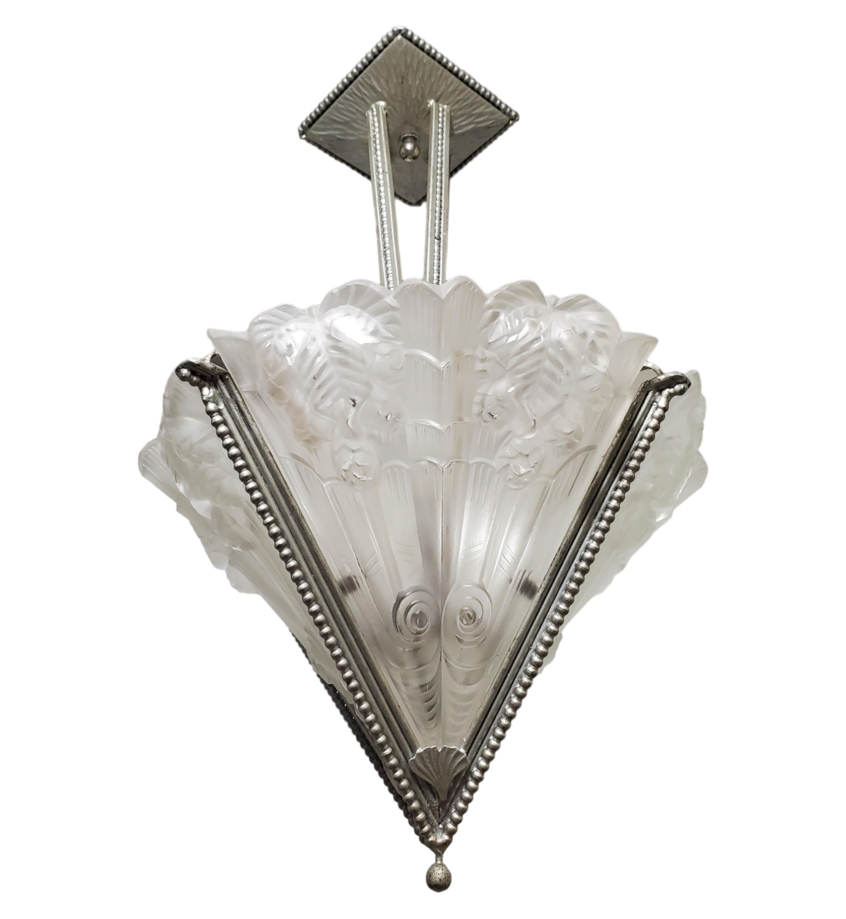 French Art Deco fan shape frosted art glass + iron chandelier signed Noverdy For Sale 6