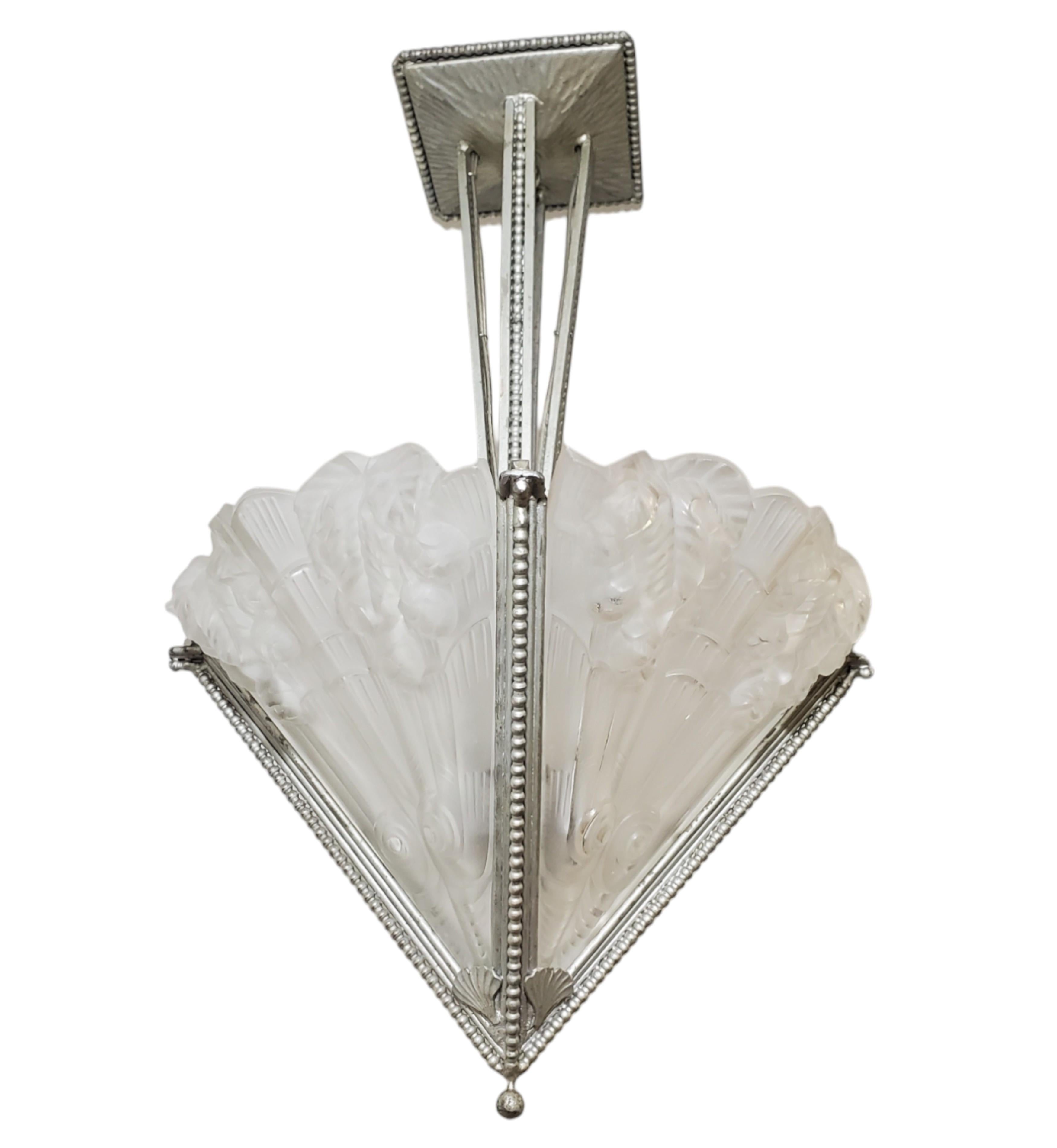French Art Deco fan shape frosted art glass + iron chandelier signed Noverdy For Sale 10