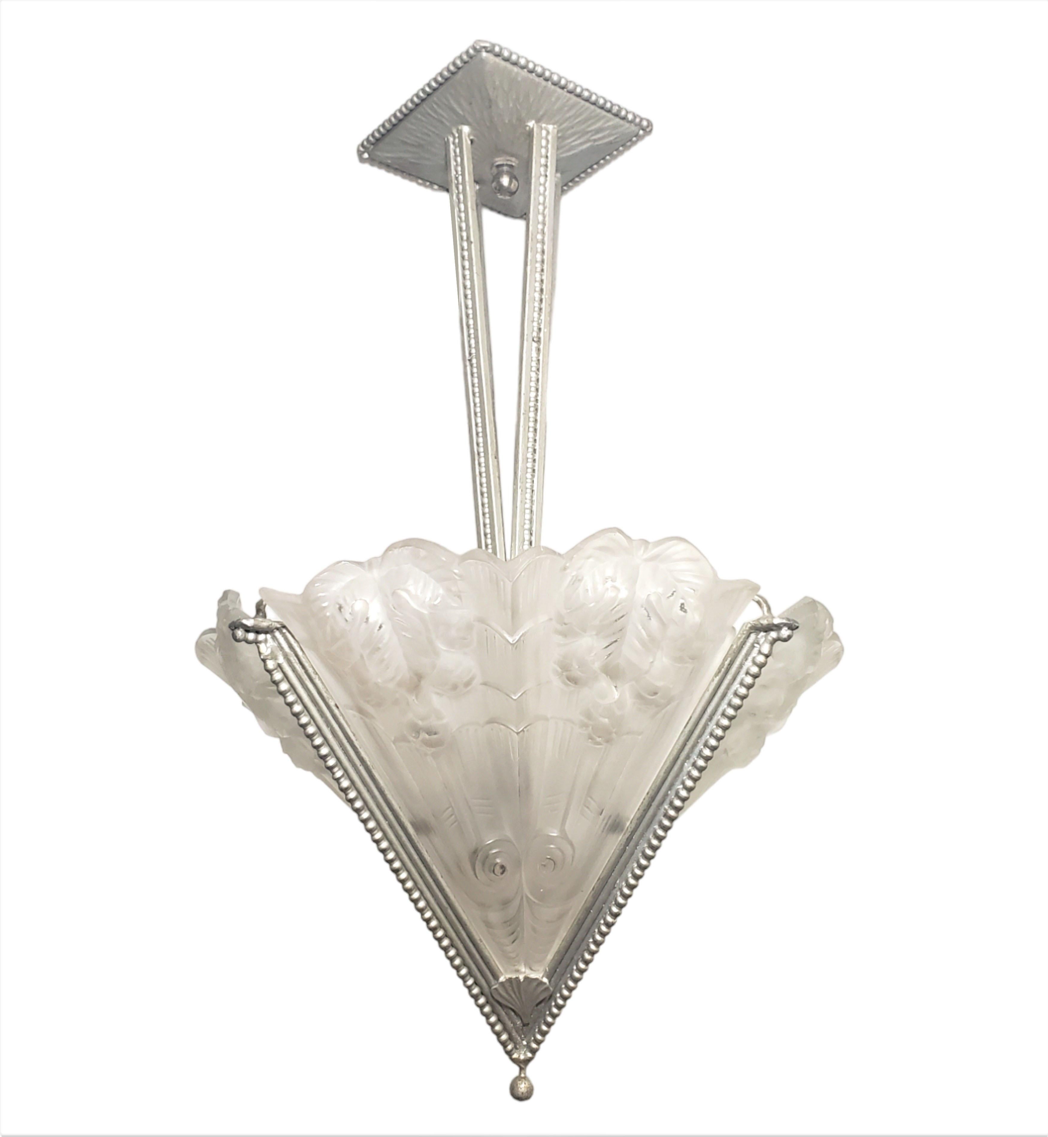 French Art Deco fan shape frosted art glass + iron chandelier signed Noverdy For Sale 14