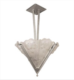 French Art Deco fan shape frosted art glass + iron chandelier signed Noverdy