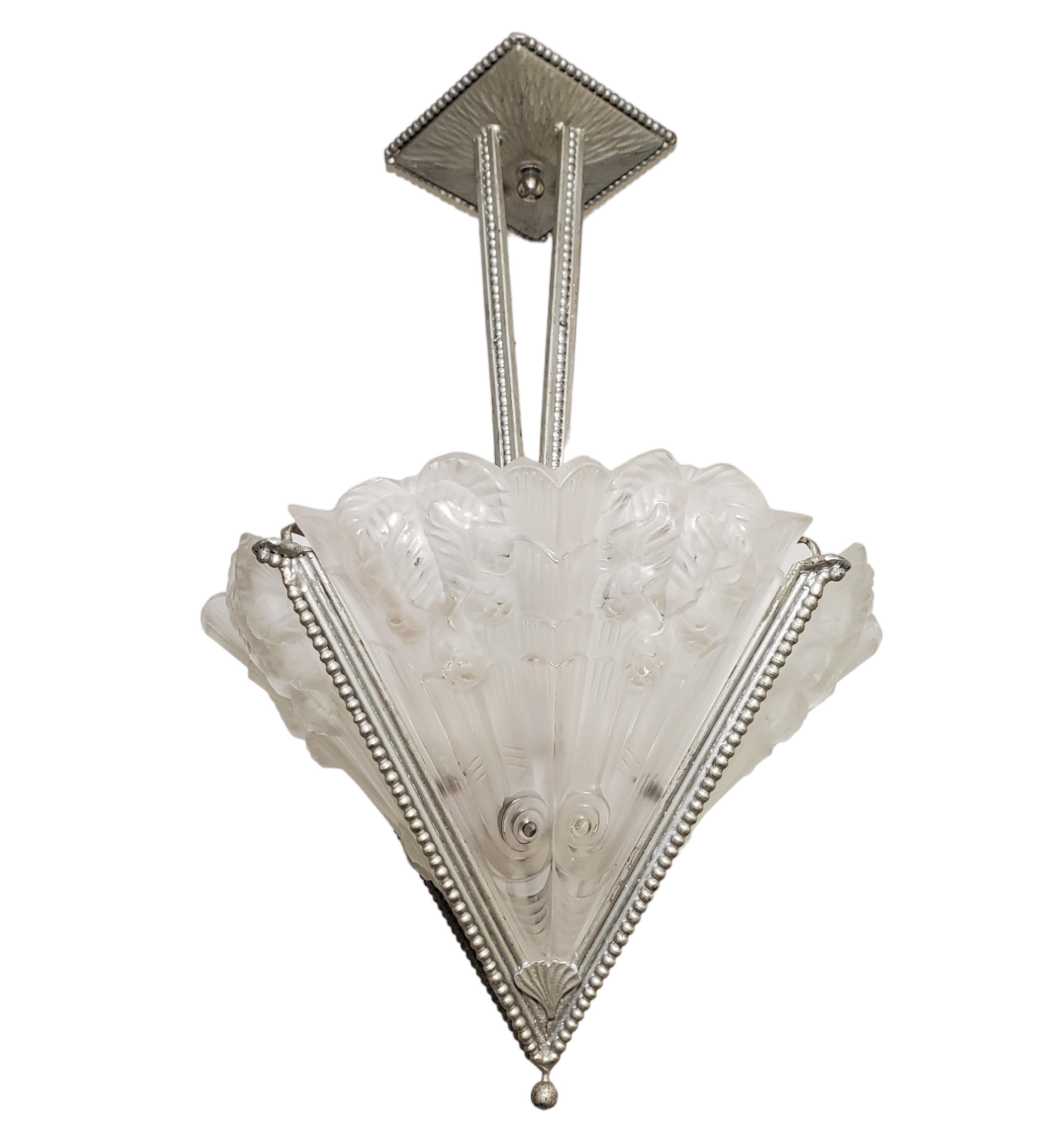 20th Century French Art Deco fan shape frosted art glass + iron chandelier signed Noverdy For Sale