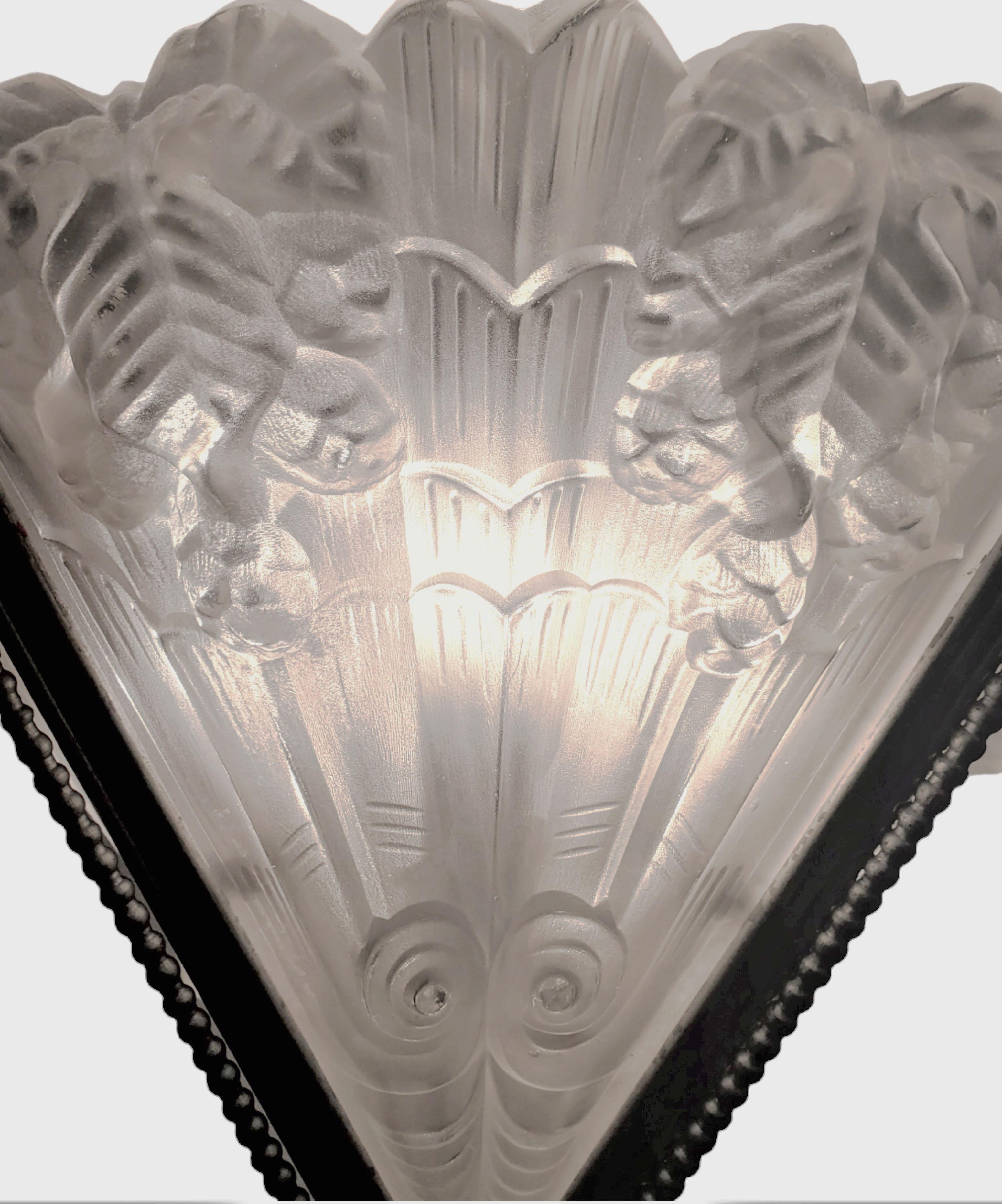 French Art Deco fan shape frosted art glass + iron chandelier signed Noverdy For Sale 2