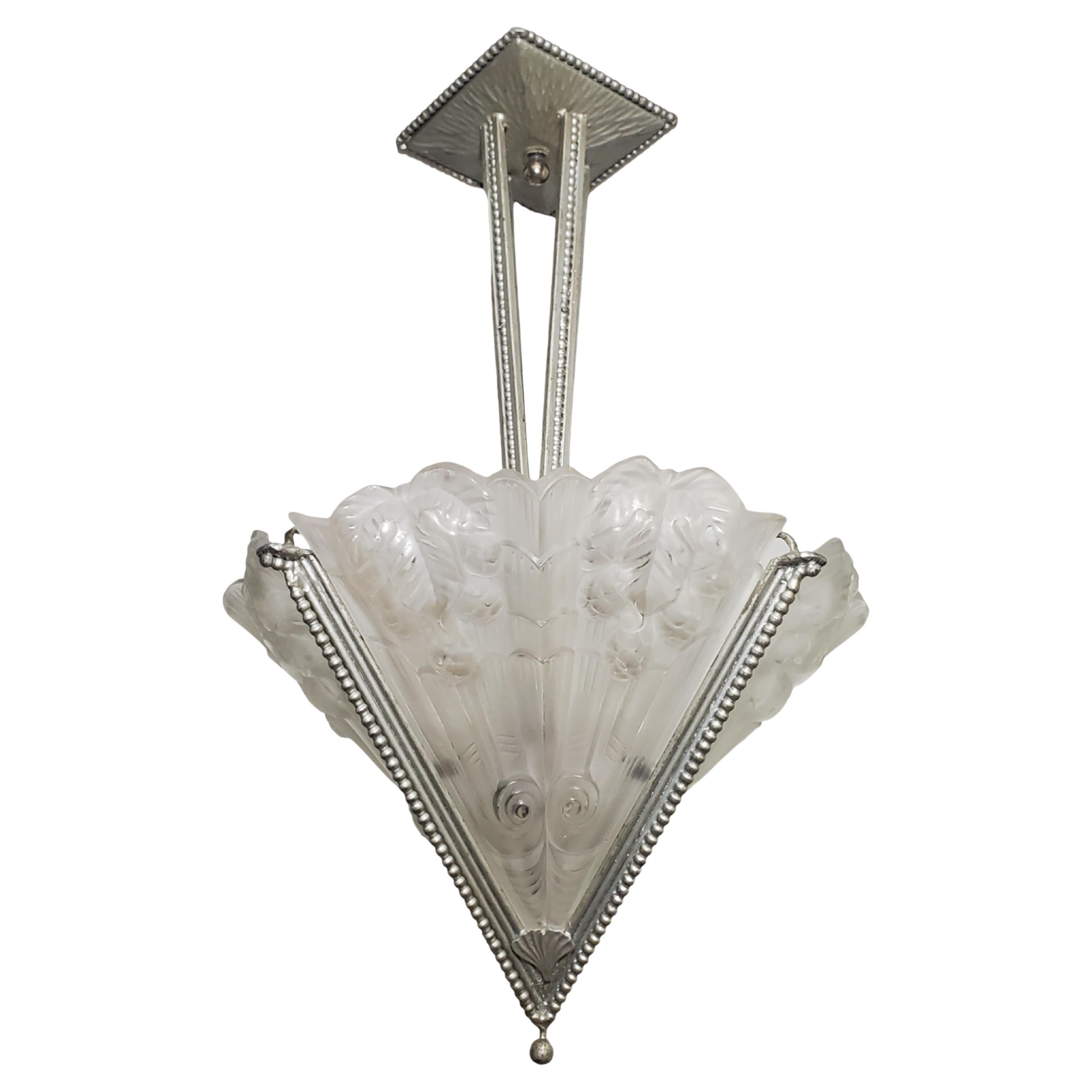 French Art Deco fan shape frosted art glass + iron chandelier signed Noverdy For Sale