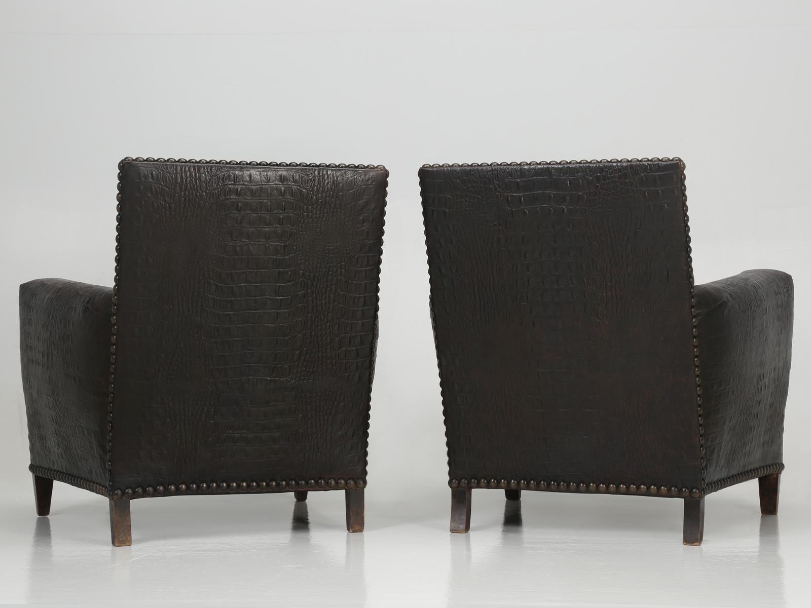 Art Deco Faux Crocodile Leather Club Chairs Correctly Restored, 1920s-1930s 11