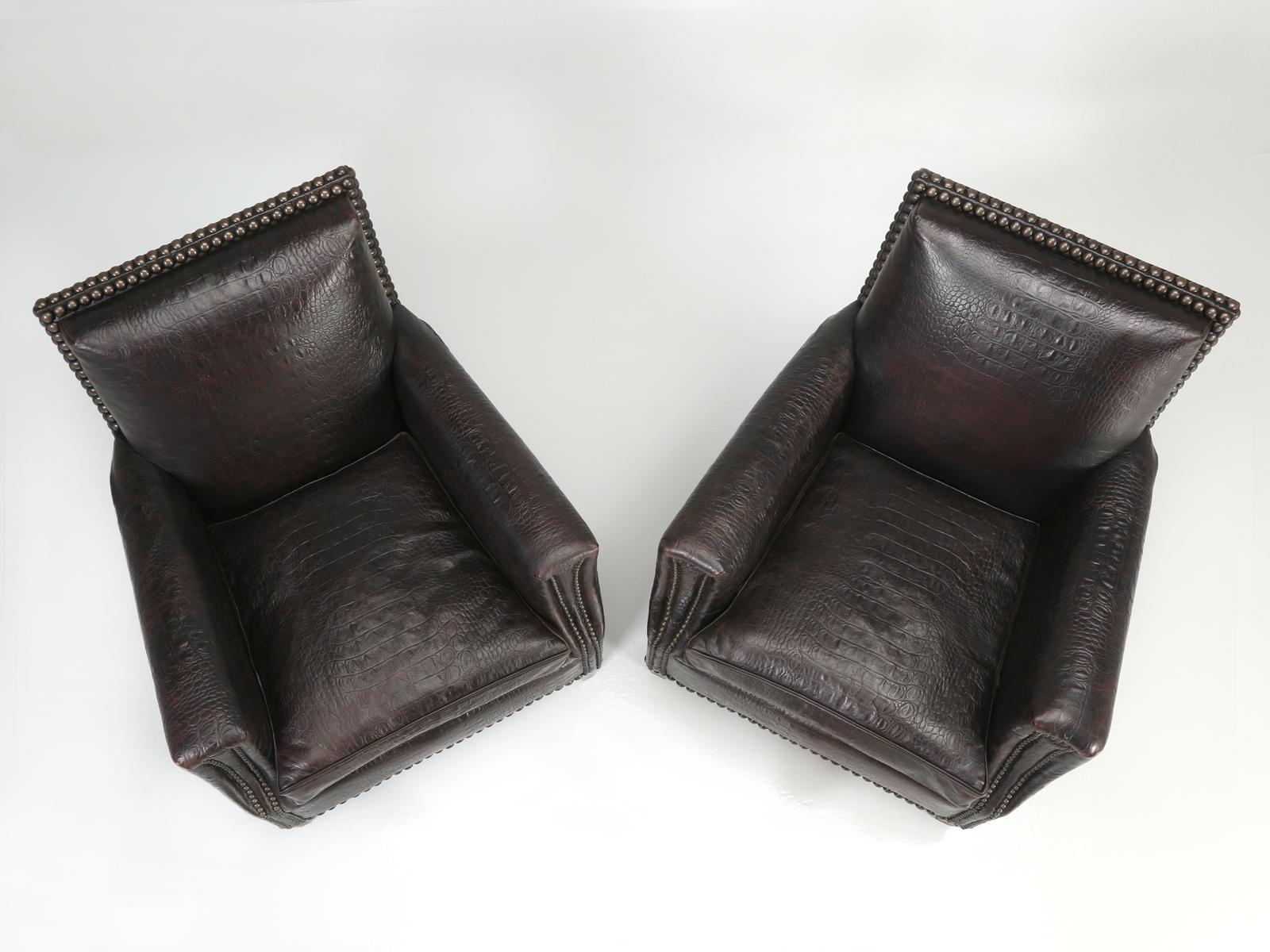 Art Deco Faux Crocodile Leather Club Chairs Correctly Restored, 1920s-1930s In Good Condition In Chicago, IL