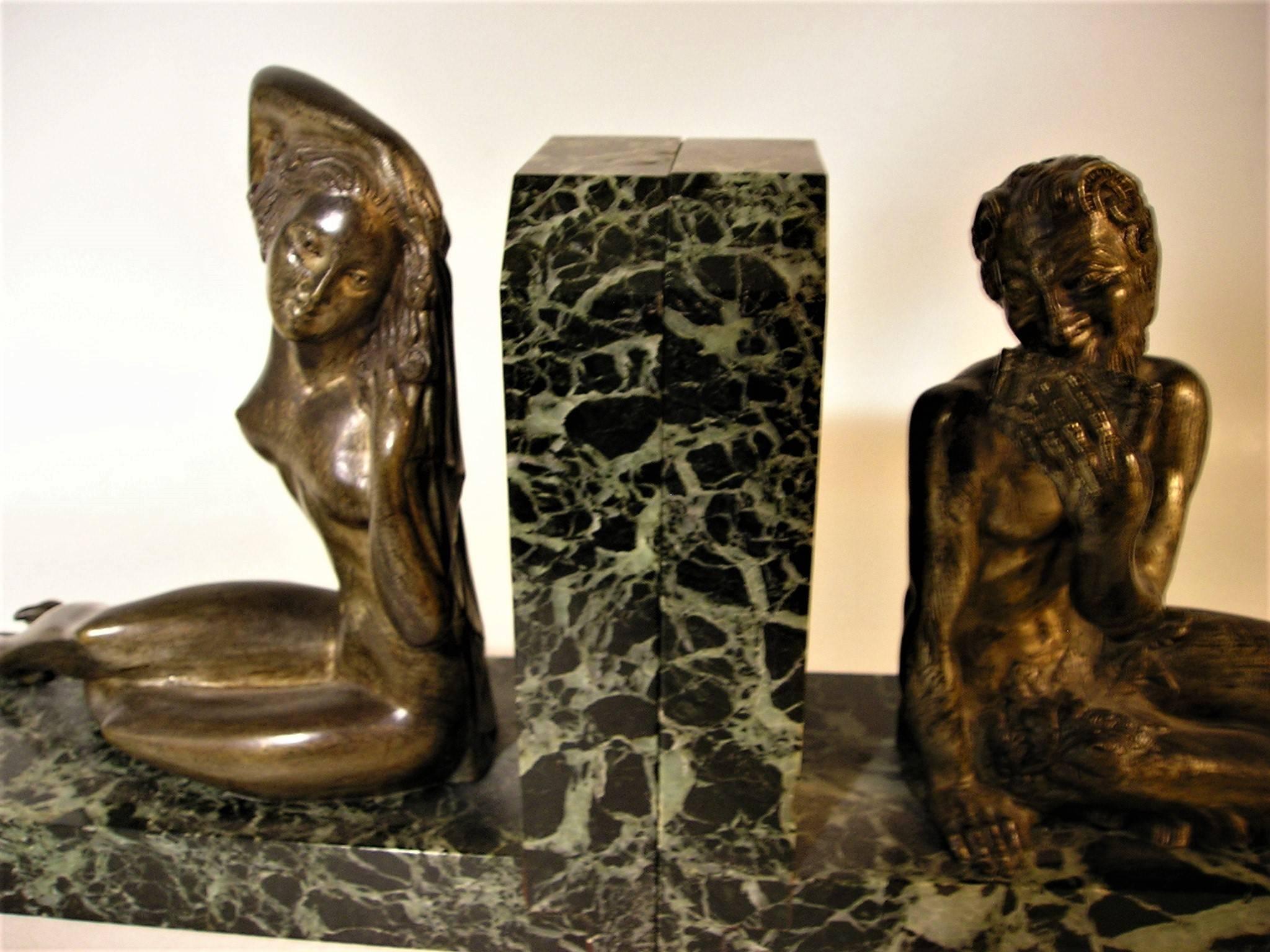 Metal French Art Deco Figural Bookends with Marble and Greek Mythological Figures