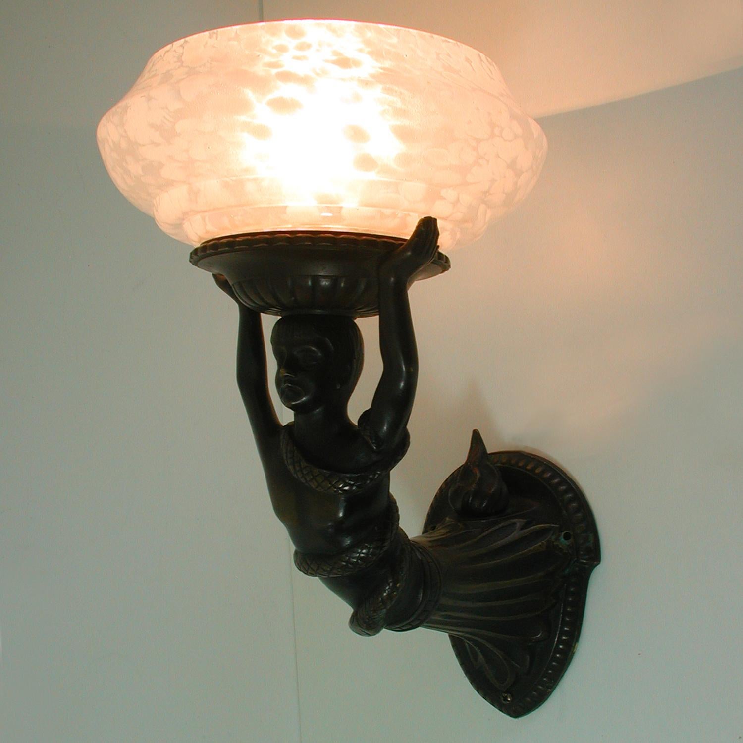 French Art Deco Figural Lady and Snake Bronze and Glass Wall Light Sconce 1920s 5