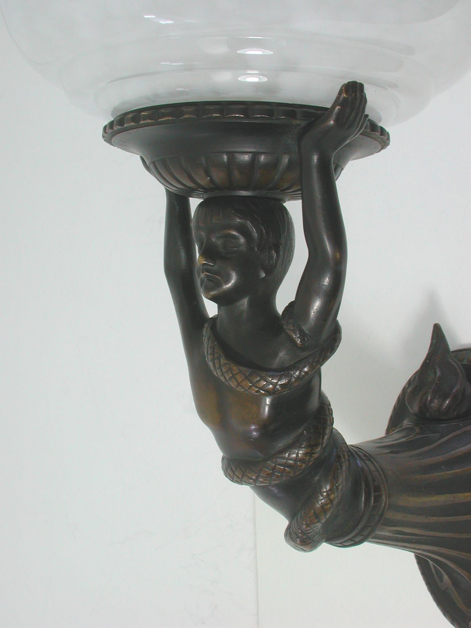 French Art Deco Figural Lady and Snake Bronze and Glass Wall Light Sconce 1920s 6