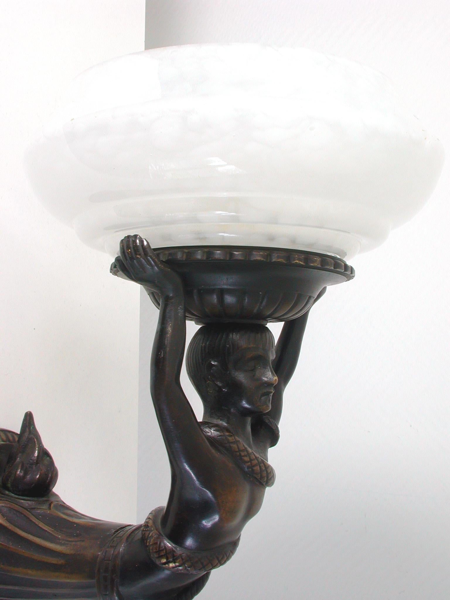 Early 20th Century French Art Deco Figural Lady and Snake Bronze and Glass Wall Light Sconce 1920s
