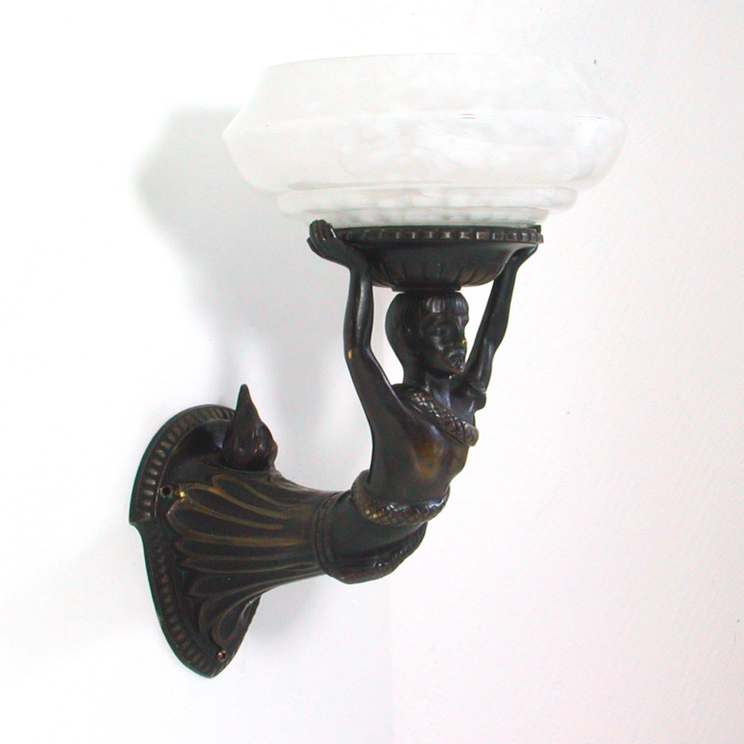 French Art Deco Figural Lady and Snake Bronze and Glass Wall Light Sconce 1920s 2