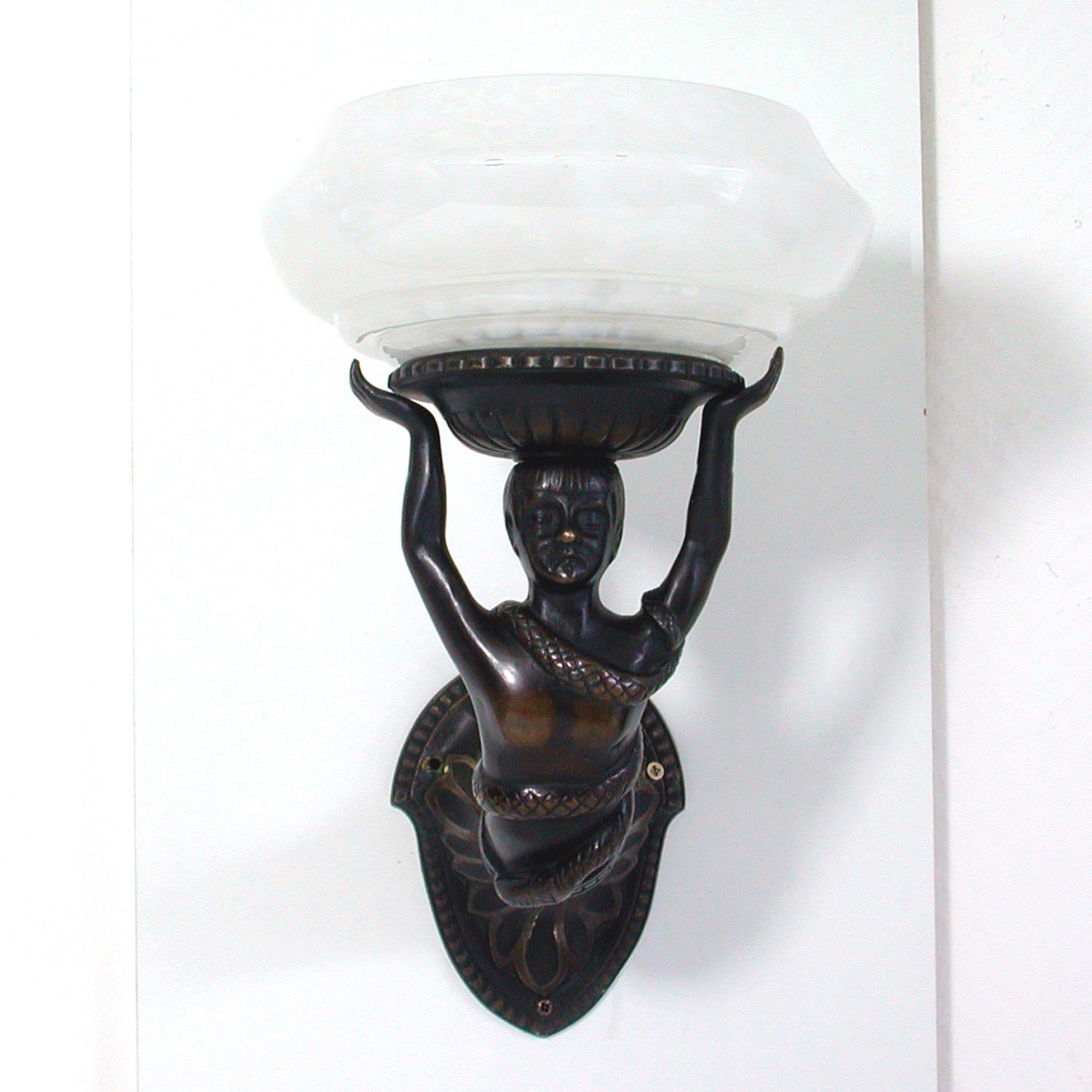 French Art Deco Figural Lady and Snake Bronze and Glass Wall Light Sconce 1920s 3