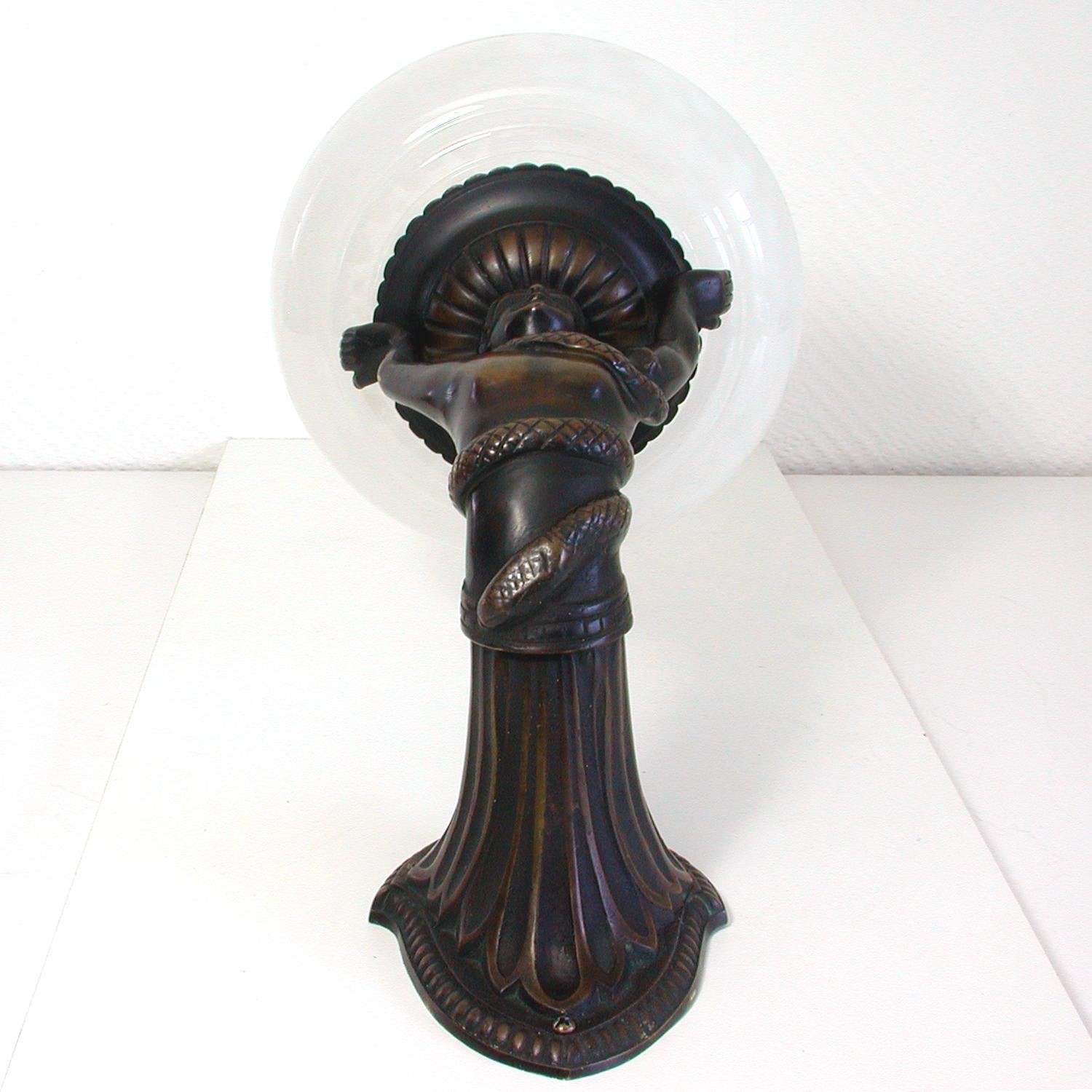 French Art Deco Figural Lady and Snake Bronze and Glass Wall Light Sconce 1920s 4
