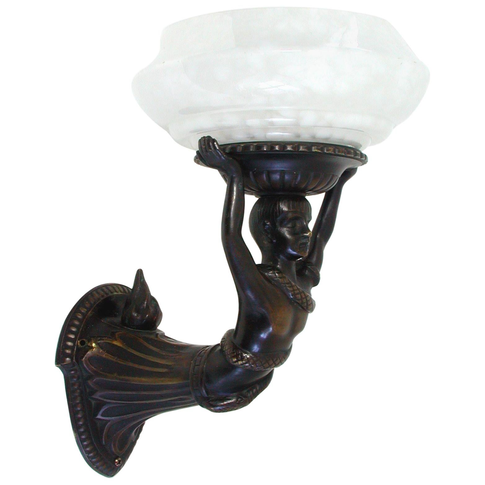 French Art Deco Figural Lady and Snake Bronze and Glass Wall Light Sconce 1920s