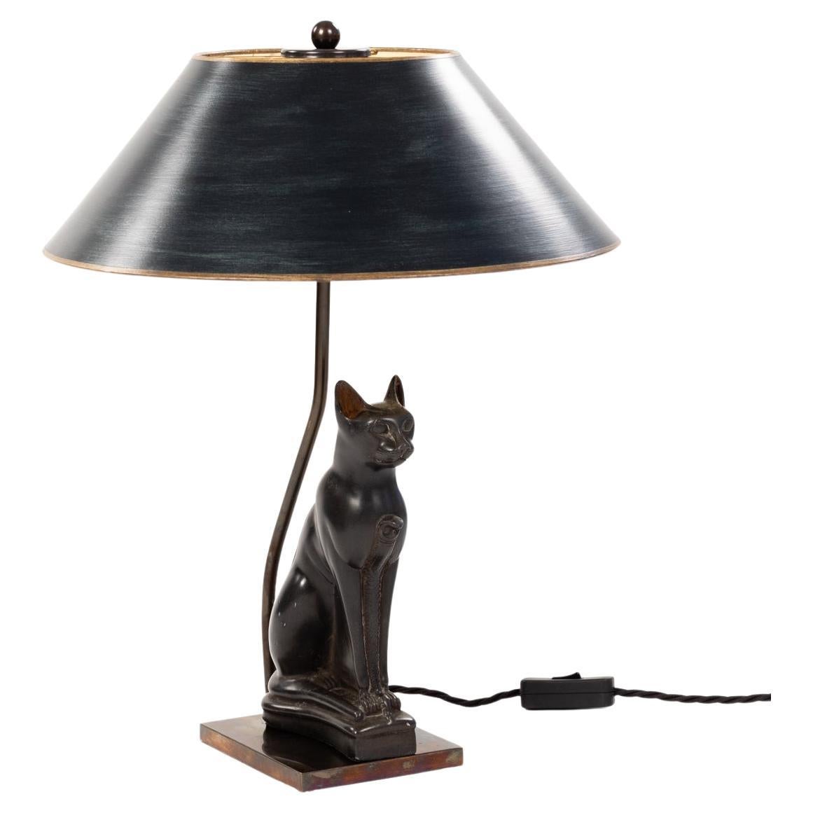 French Art Deco Figural Table Lamp of a Sitting Stone Cat God France, 1940-Ies