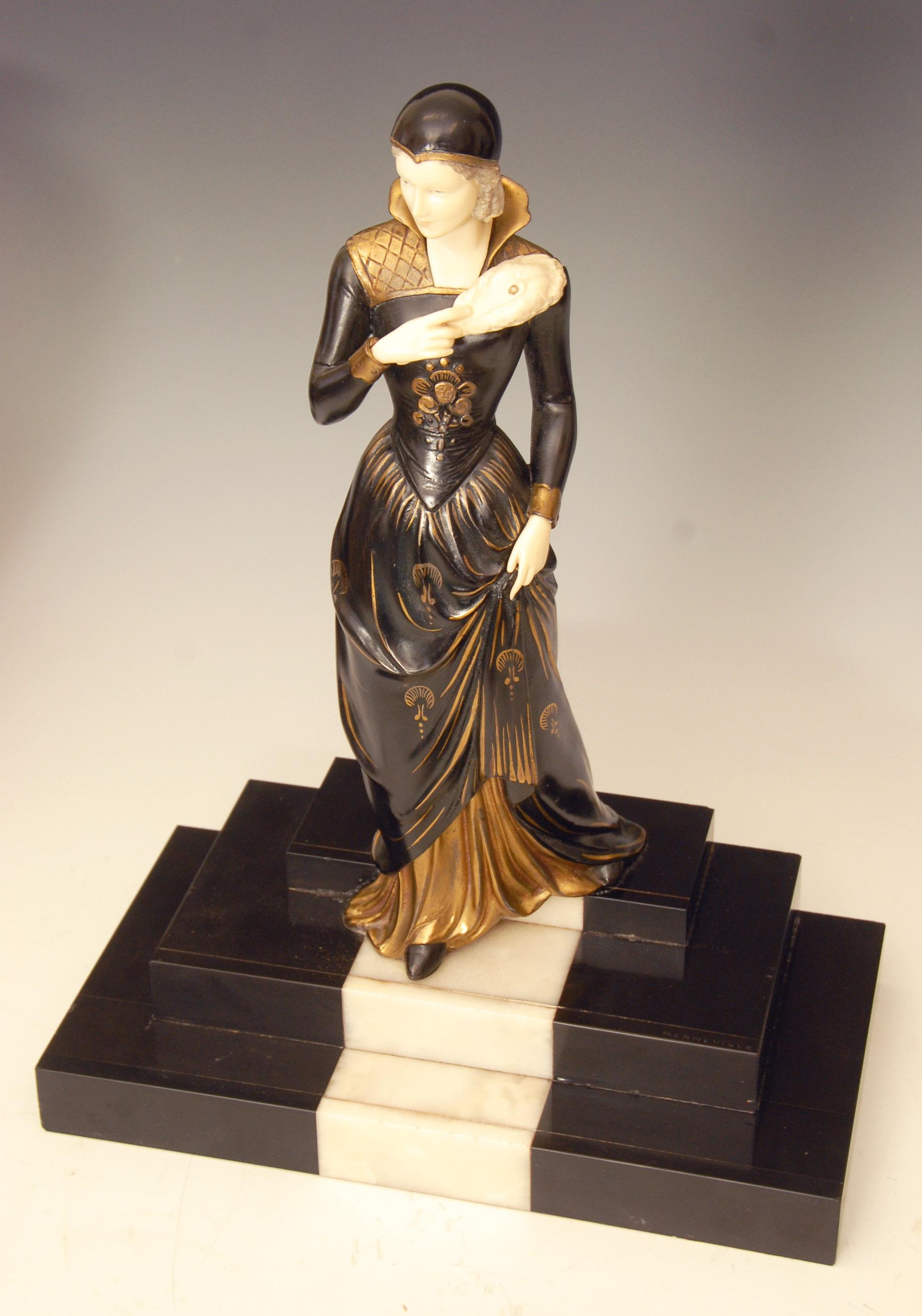 Large French Art Deco figure of a bronzed metal and ivorine or phenolic lady descending a marble staircase. Signed by E . Mennevile.