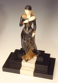 French Art Deco Figure of a Lady Descending a Marble Staircase by E. Mennevile