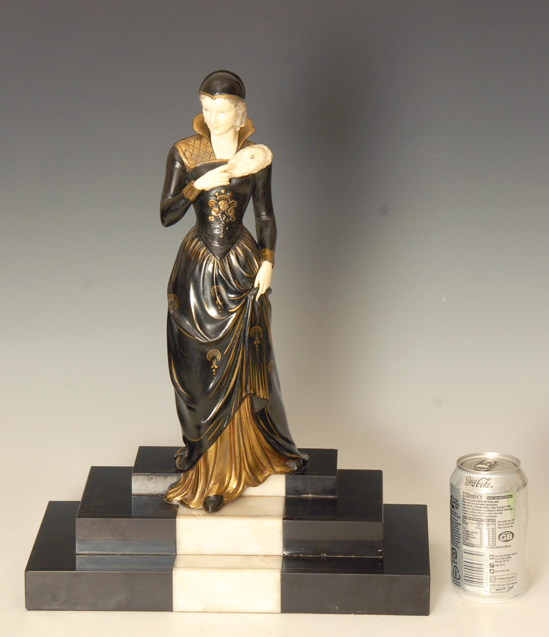 French Art Deco Figure of a Lady Descending a Marble Staircase by E. Mennevile In Good Condition For Sale In Brighton, GB