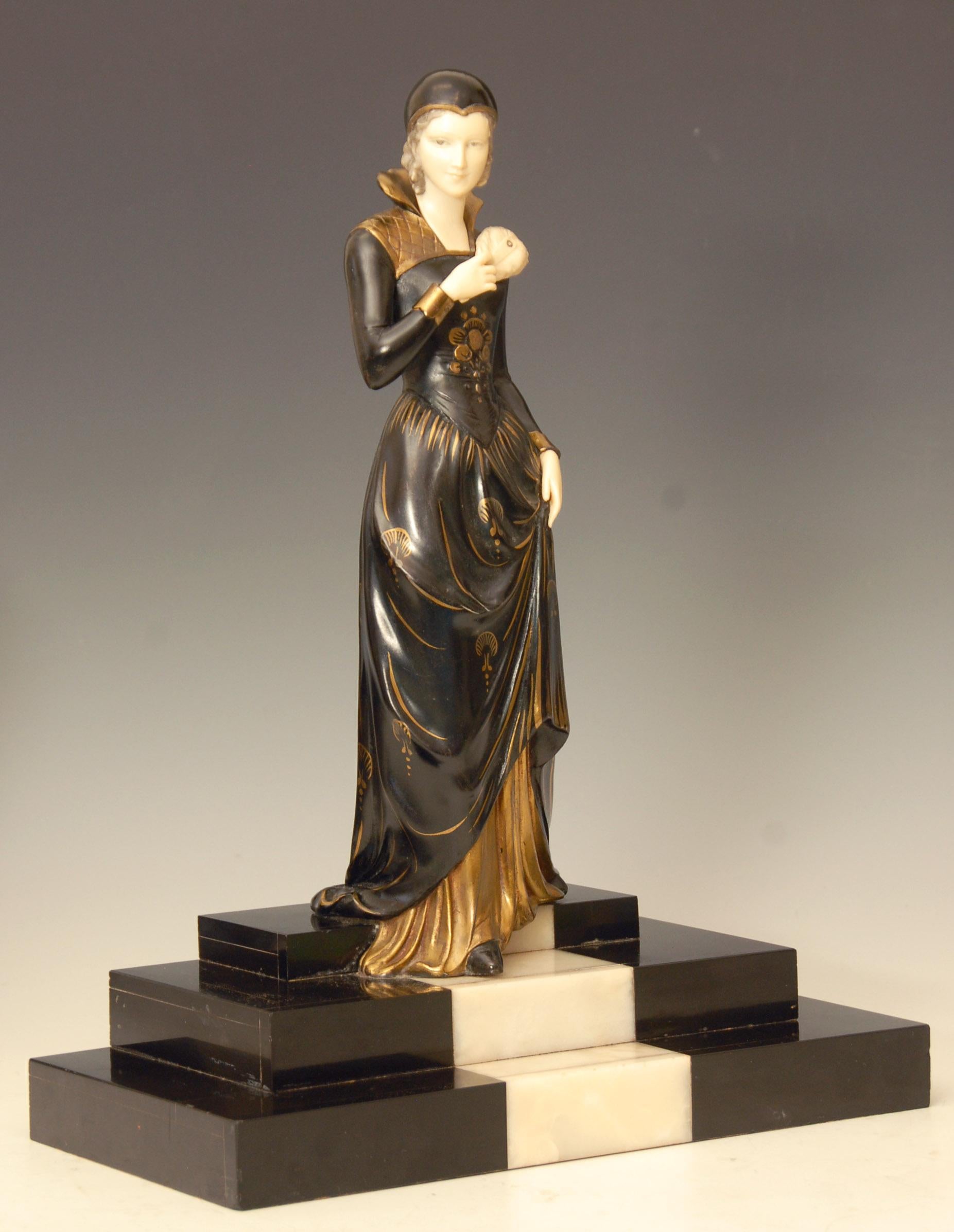 French Art Deco Figure of a Lady Descending a Marble Staircase by E. Mennevile For Sale 2