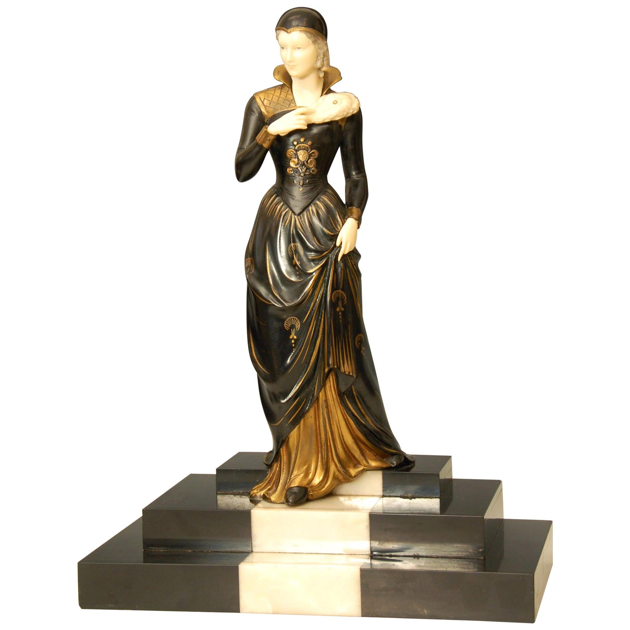 French Art Deco Figure of a Lady Descending a Marble Staircase by E. Mennevile For Sale