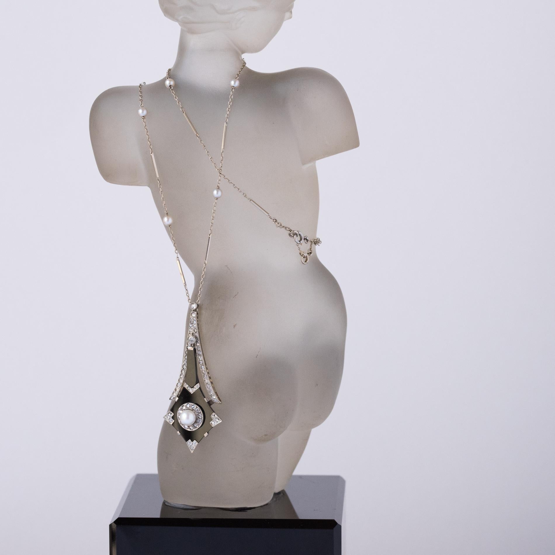 French Art Deco Fine Pearl Onyx Diamond Platinum Pendant 6