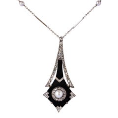 French Art Deco Fine Pearl Onyx Diamond Platinum Pendant