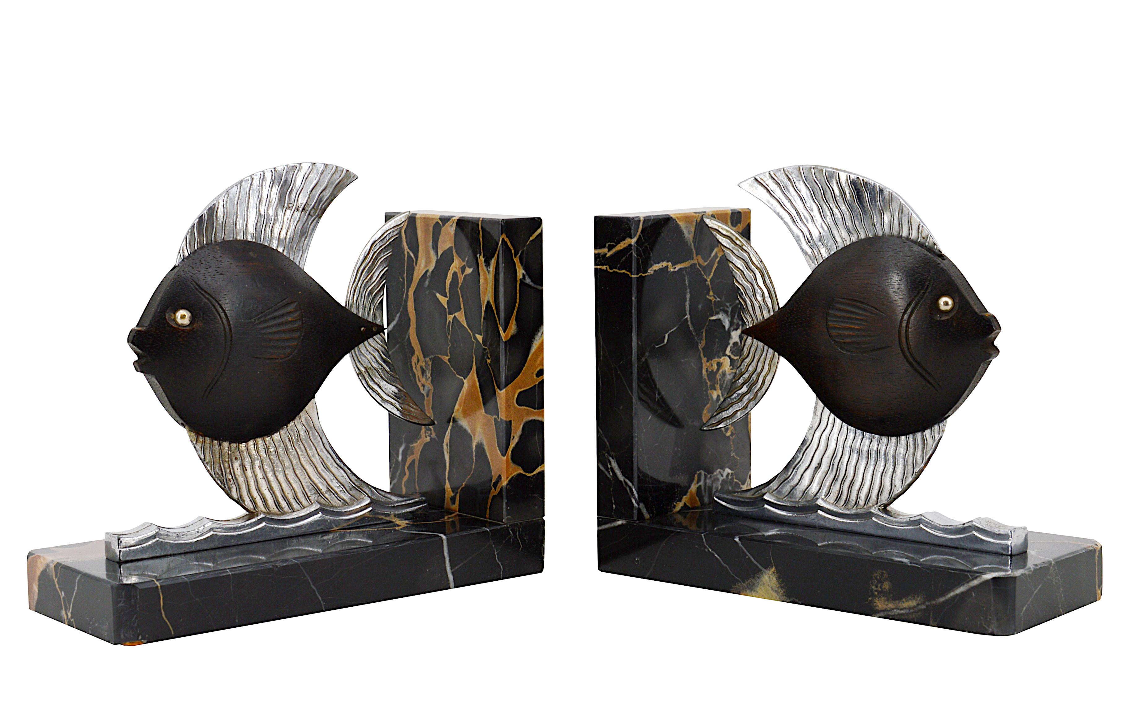 French Art Deco fishes bookends, France, 1930's. Ebony, chrome & marble. Each - Height: 5.8