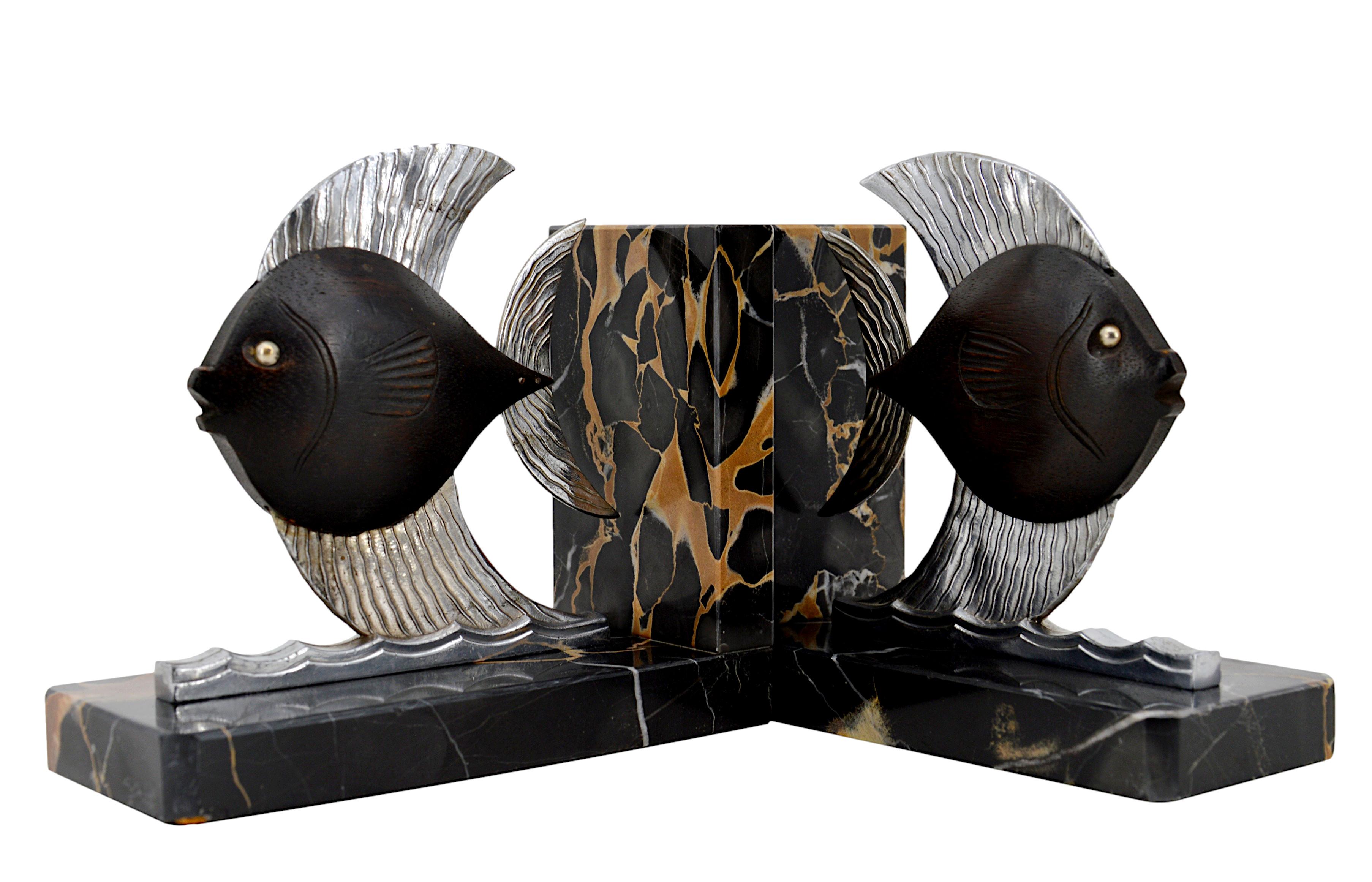 Chrome French Art Deco Fishes Bookends, 1930s