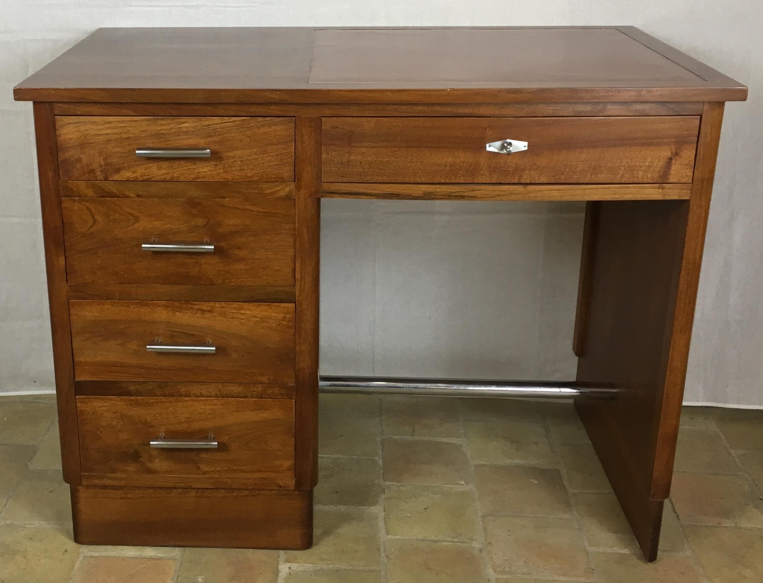 Walnut French Art Deco Five-Drawer Desk and Armchair Set