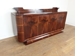 French Art Deco Flame Mahogany Sideboard with Winged Back Shelf and Curved Base