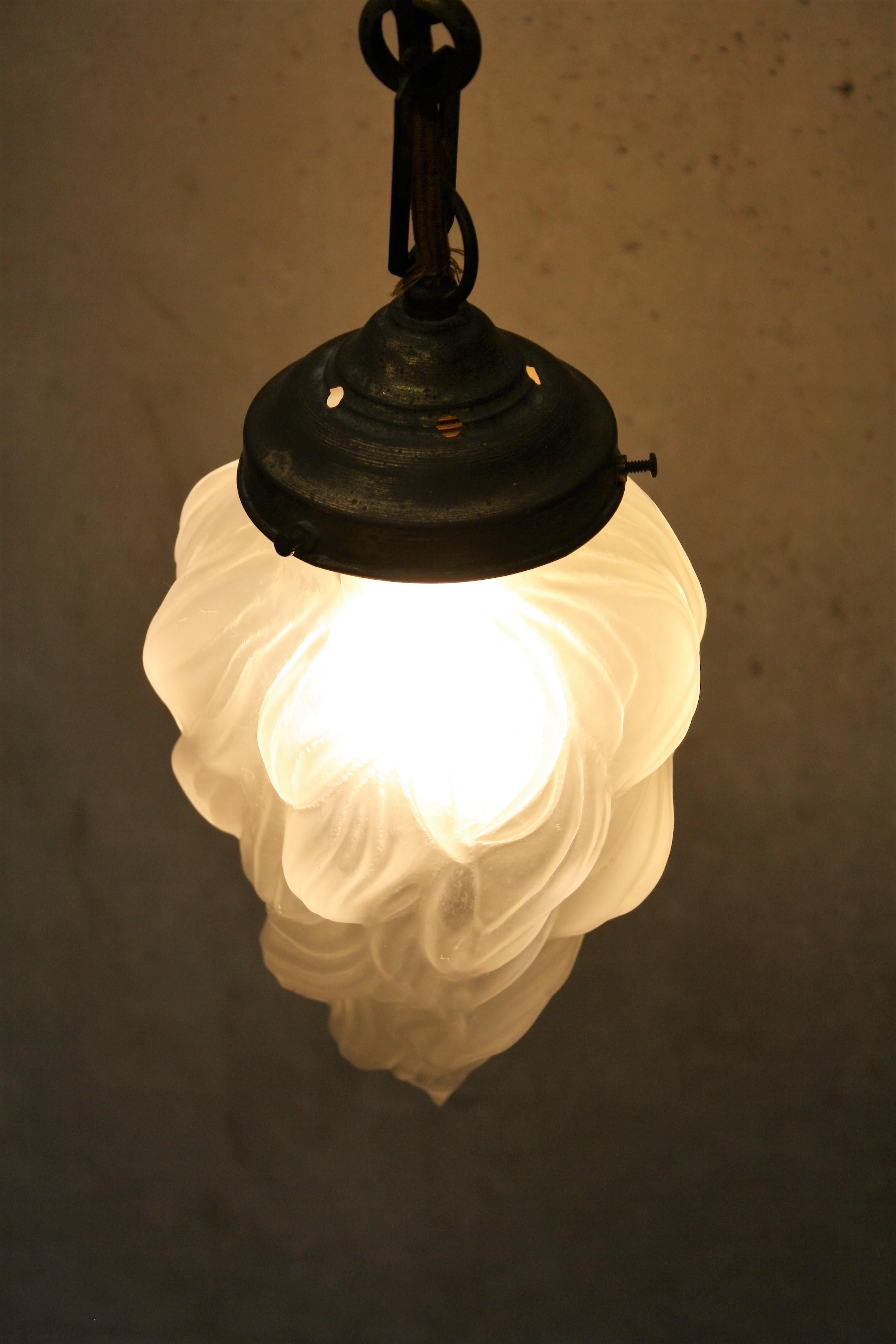 Charming Art Deco hallway light made of frosted glass.

Flame shaped shade. 

The lamp emits a warm light.

Original copper shade holder. 

Tested and ready for use.

1930s, France. 

Dimensions: 
H: 75 cm/ 29.5
