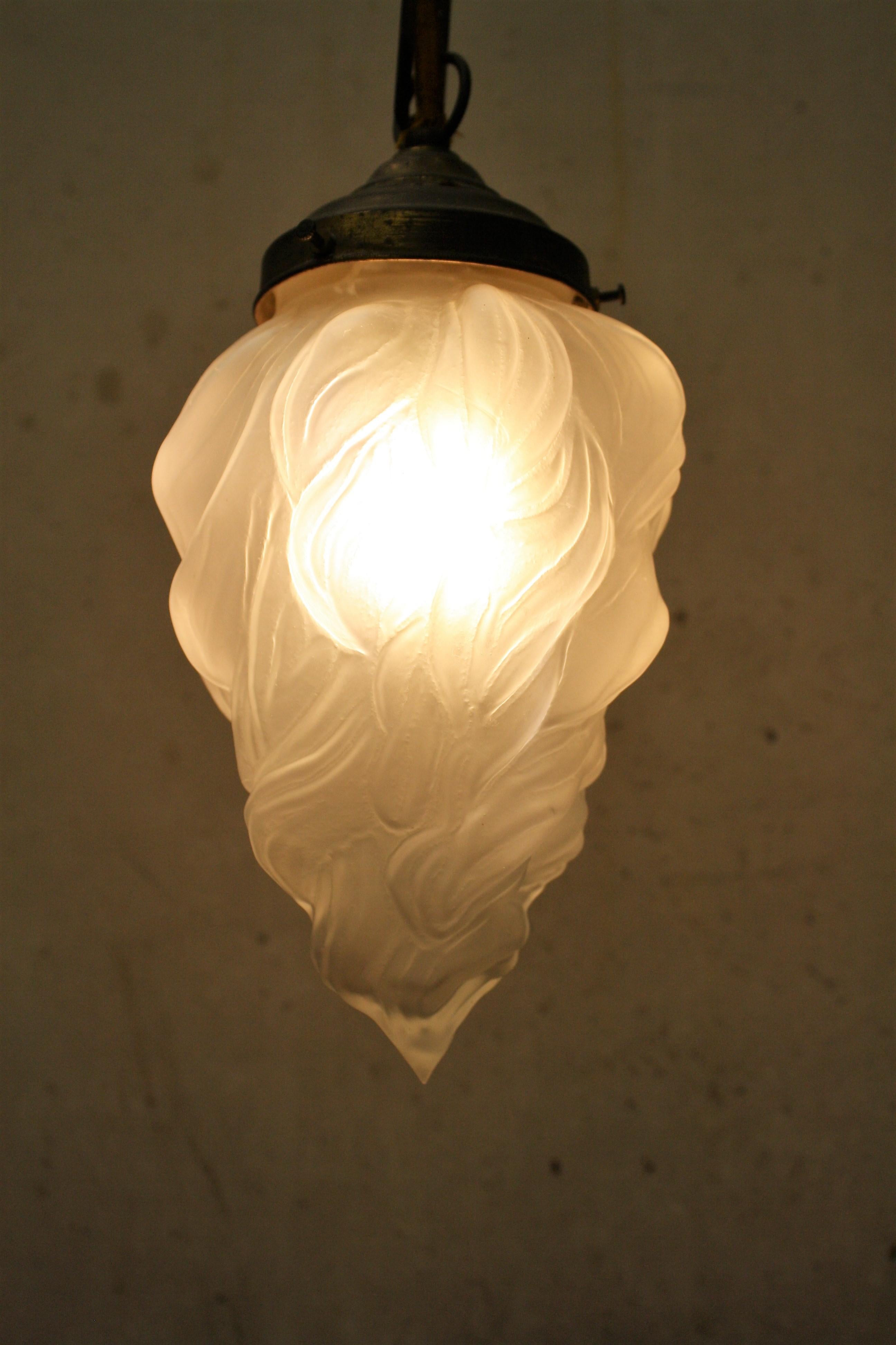 French Art Deco Flame Pendant Light with Frosted Glass, 1930s 1