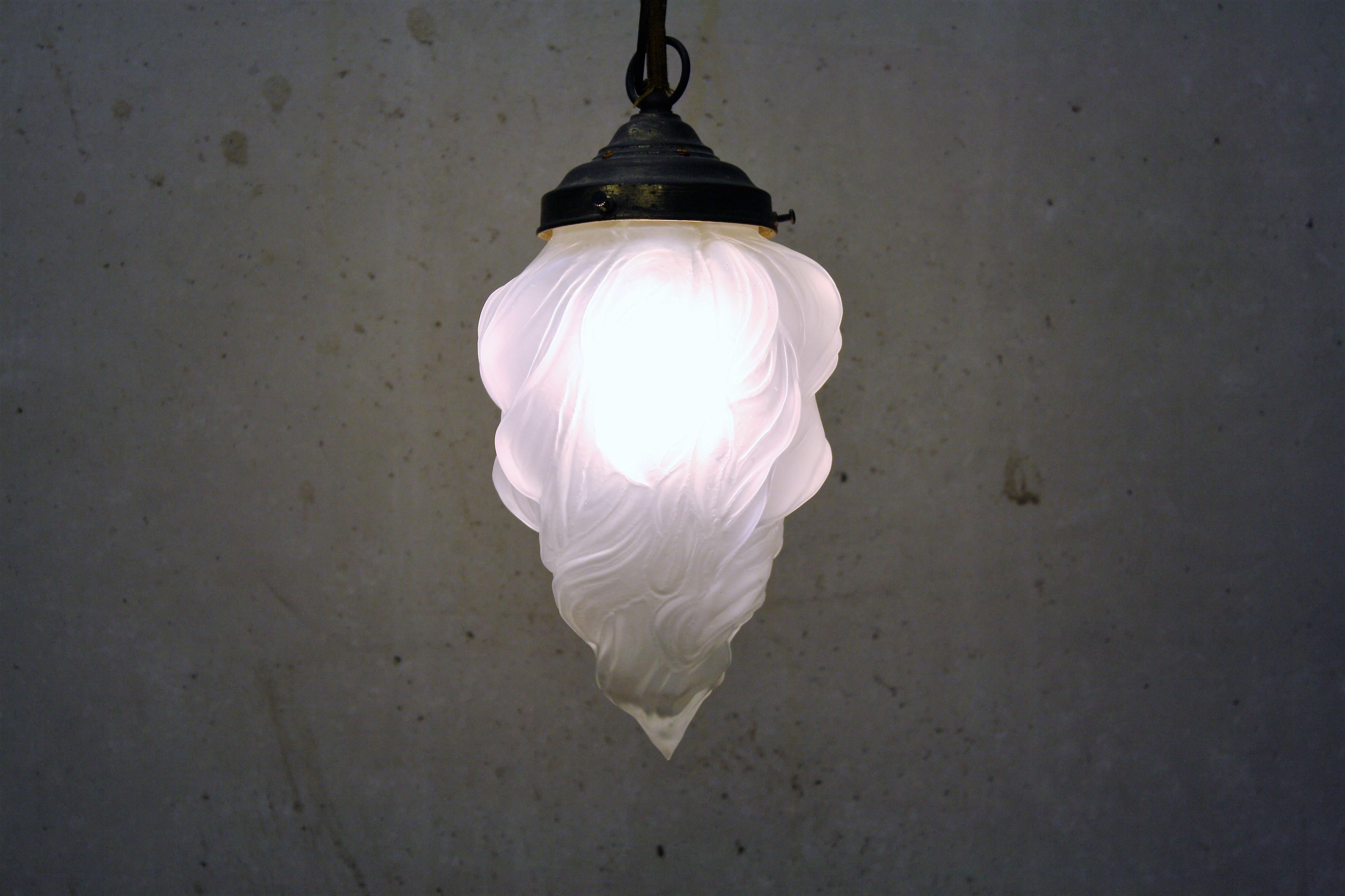 French Art Deco Flame Pendant Light with Frosted Glass, 1930s 2