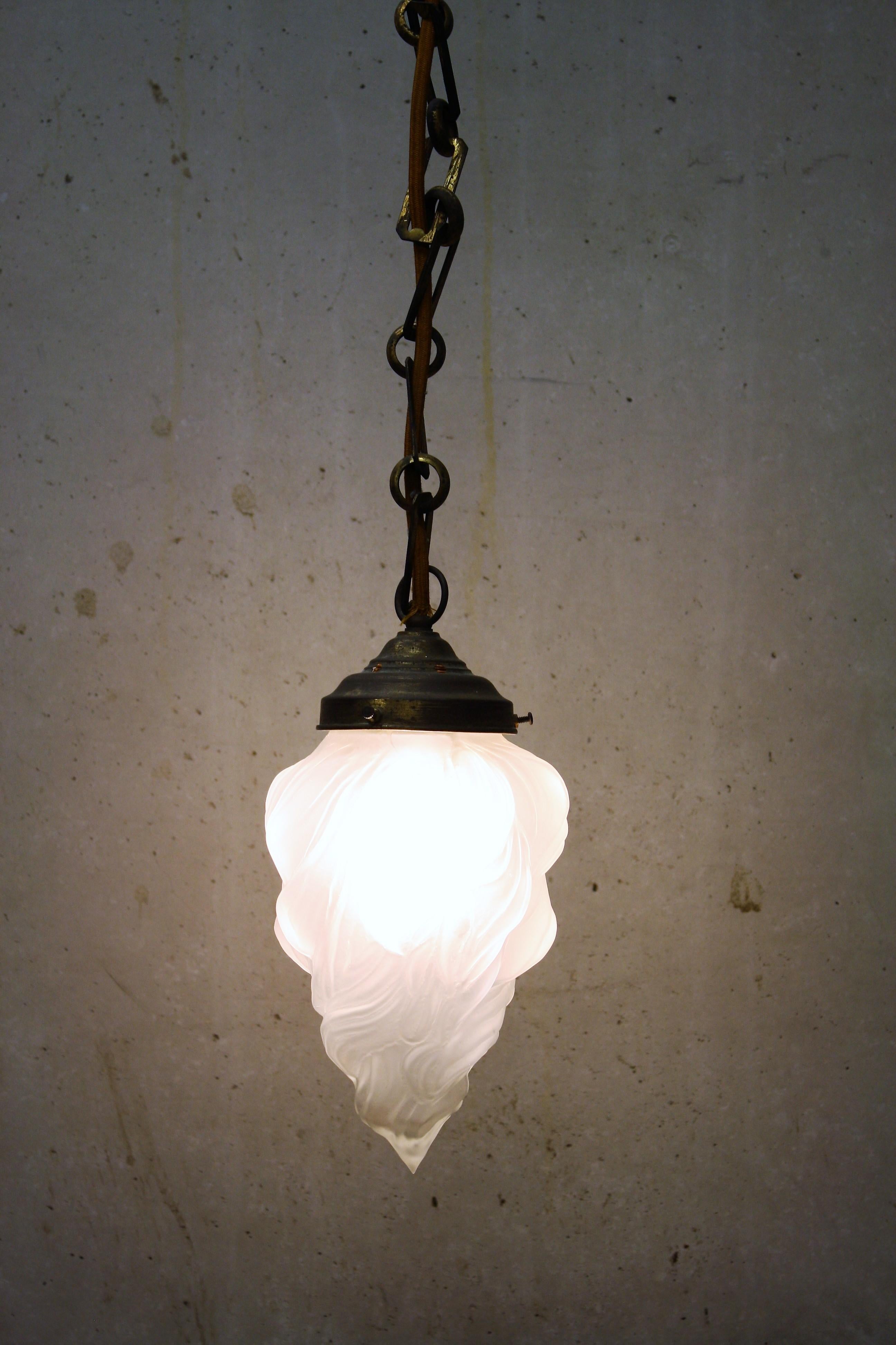French Art Deco Flame Pendant Light with Frosted Glass, 1930s 3