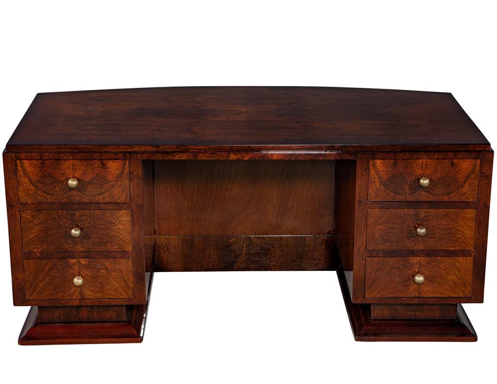 Brass French Art Deco Flame Walnut Executive Desk with Chair
