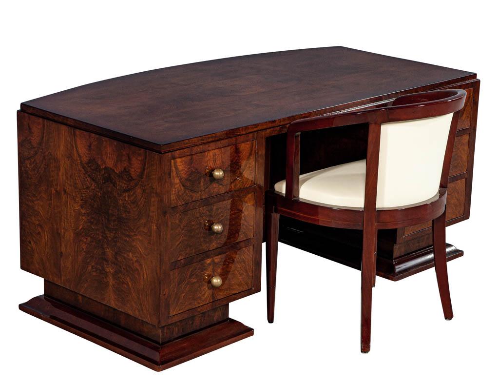 French Art Deco Flame Walnut Executive Desk with Chair 1